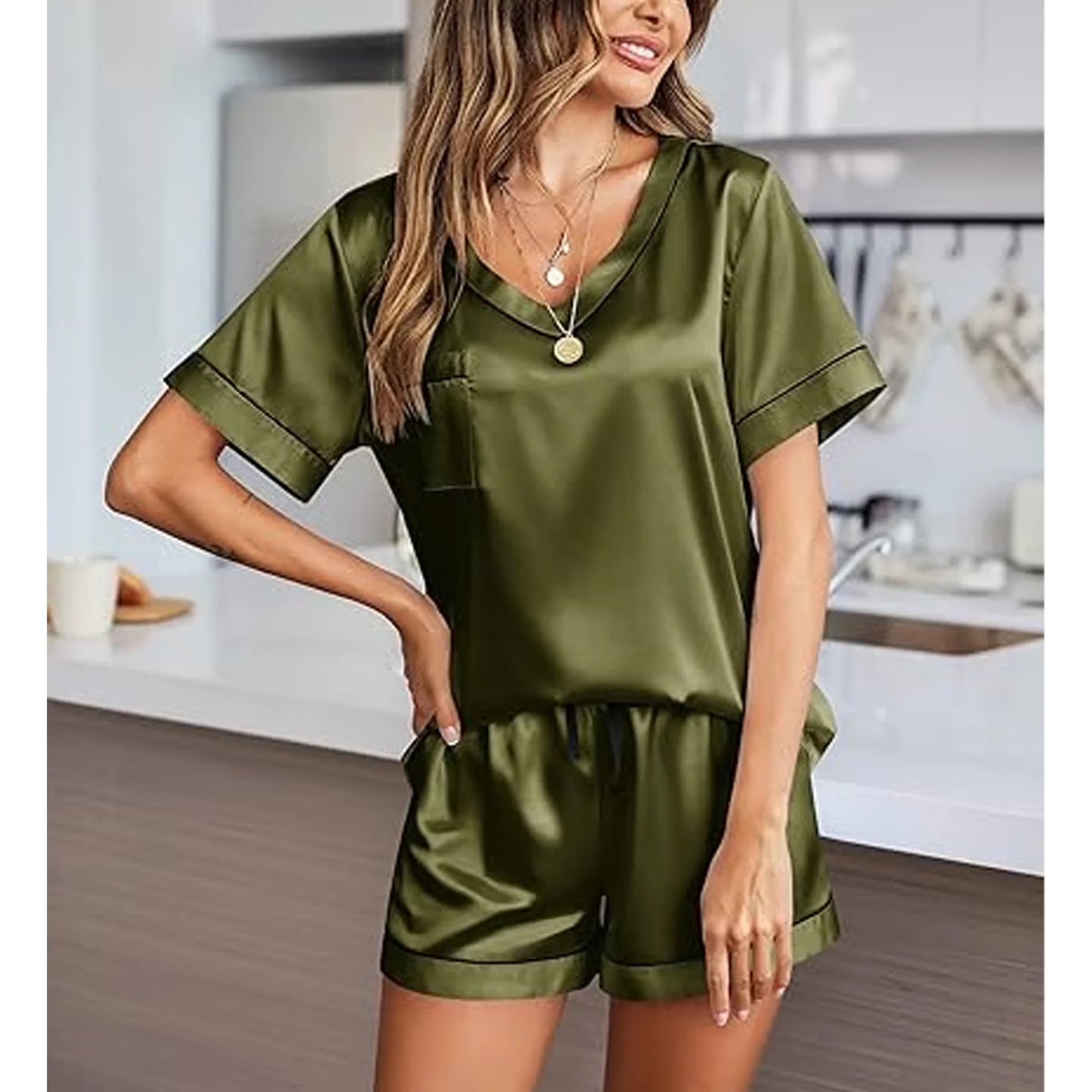 MLDRA Women's Silk Pajama Set - V-Neck Short Sleeve & Shorts 2-Piece Soft Sleepwear Loungewear 2025