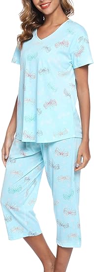 MLDRA Womens Pajama Sets 2 Piece Cotton Lounge Set Lightweight Pj Set Short Sleeve Tops With Capri Pants Cute Ladies Sleepwear Summer Set