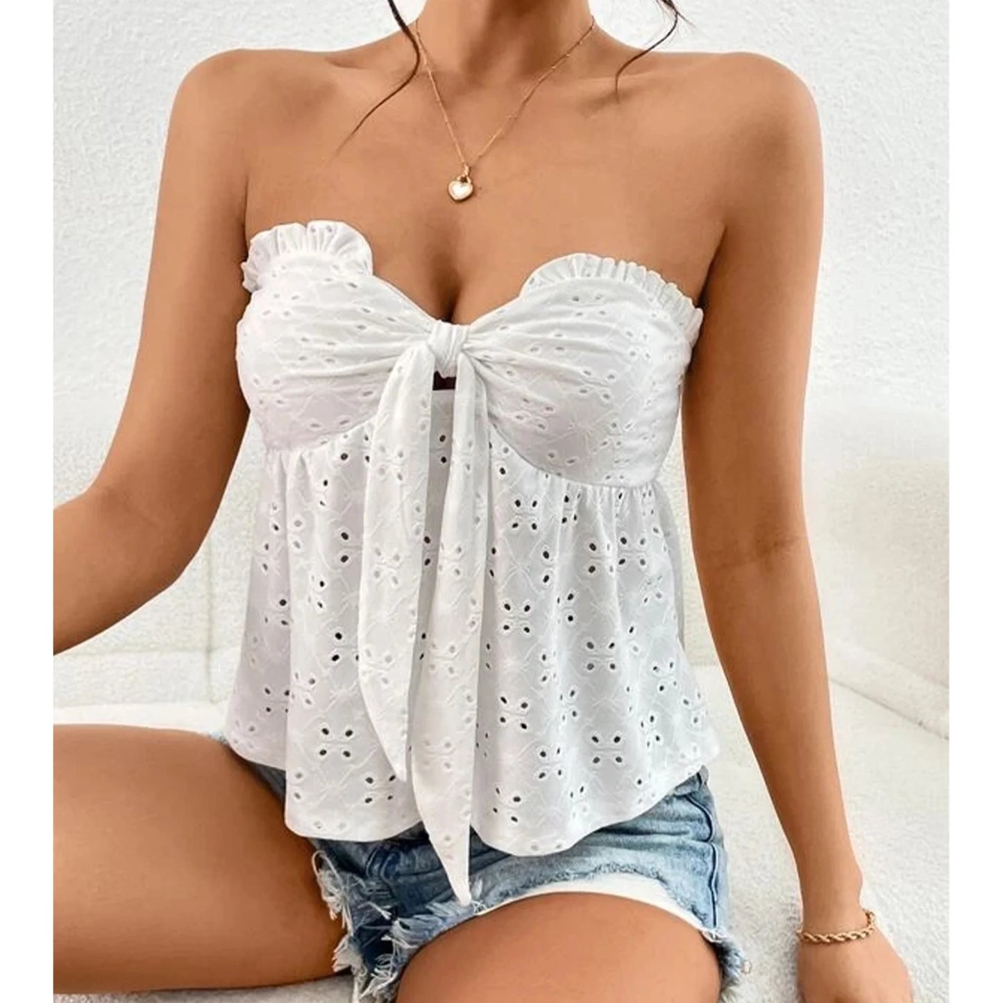 SOMER Women's Tube Top Summer Eyelet Bandeau Butterfly Knot Off Shoulder Top