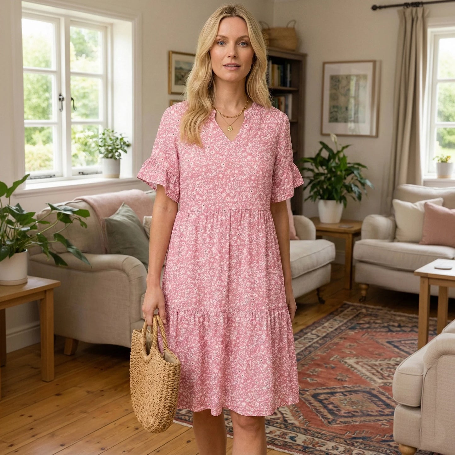 MLDRA Dresses for Women V Neck Boho Summer Dresses with Pockets A Line Mini Beach Ruffle Sleeve Tiered Flowy Loose Casual 2026 XXL