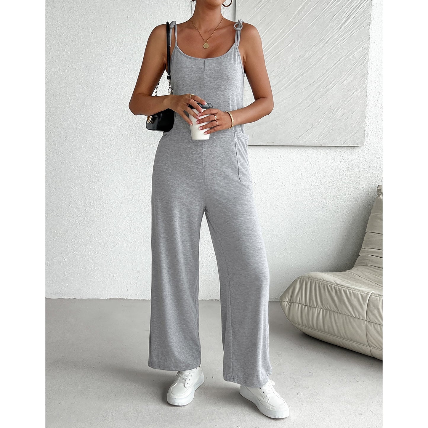 MLDRA Women's Sleeveless Jumpsuits Loose Casual Overalls Rompers Adjustable Spaghetti Straps Long Pants with Pockets