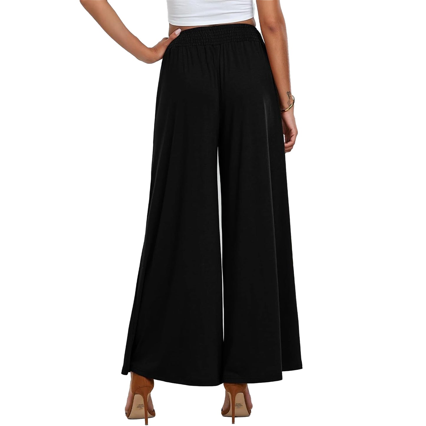 Womens Flowy Wide Leg Pants Elastic Waist Dressy Casual Loose Palazzo Trousers with Pockets
