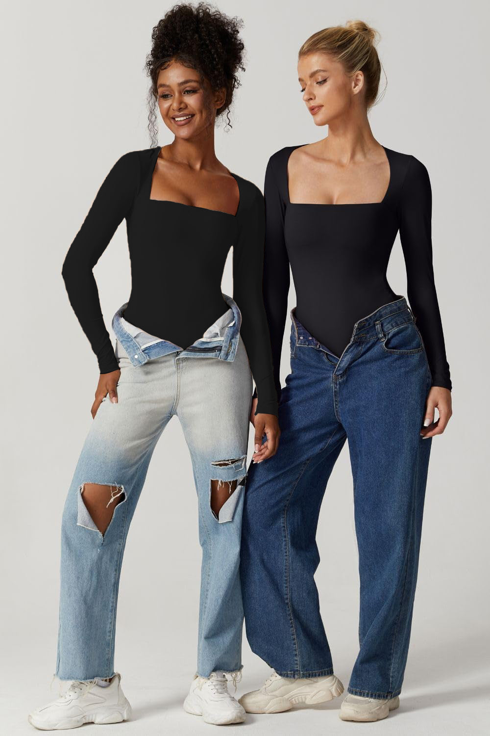 Body Suit Tummy Control Bodysuit Deep V Neck Long Sleeve Tops Black Bodysuits for Women Black
