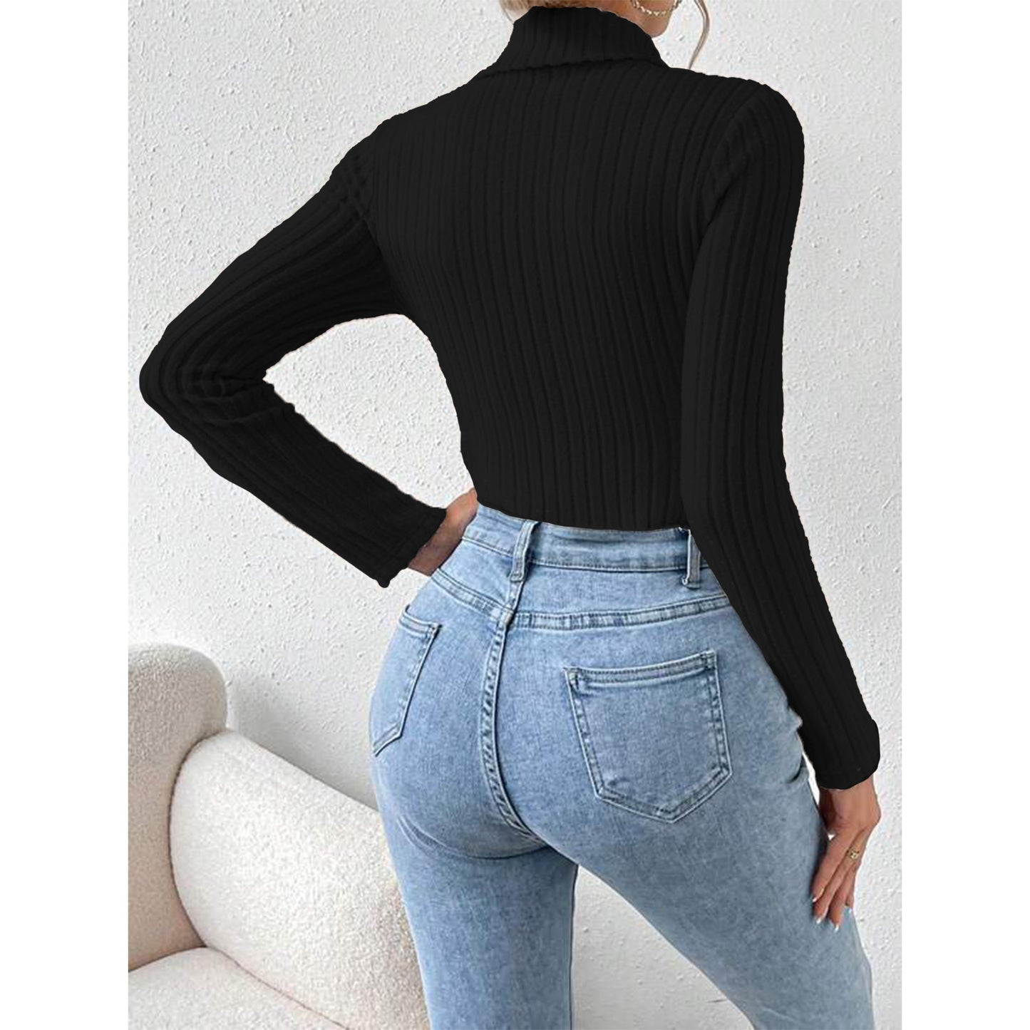 MLDRA Womens Bodysuit Tummy Control Long Sleeve Turtle Neck Ribbed Knit Stretchy Slim Fit Tops Black