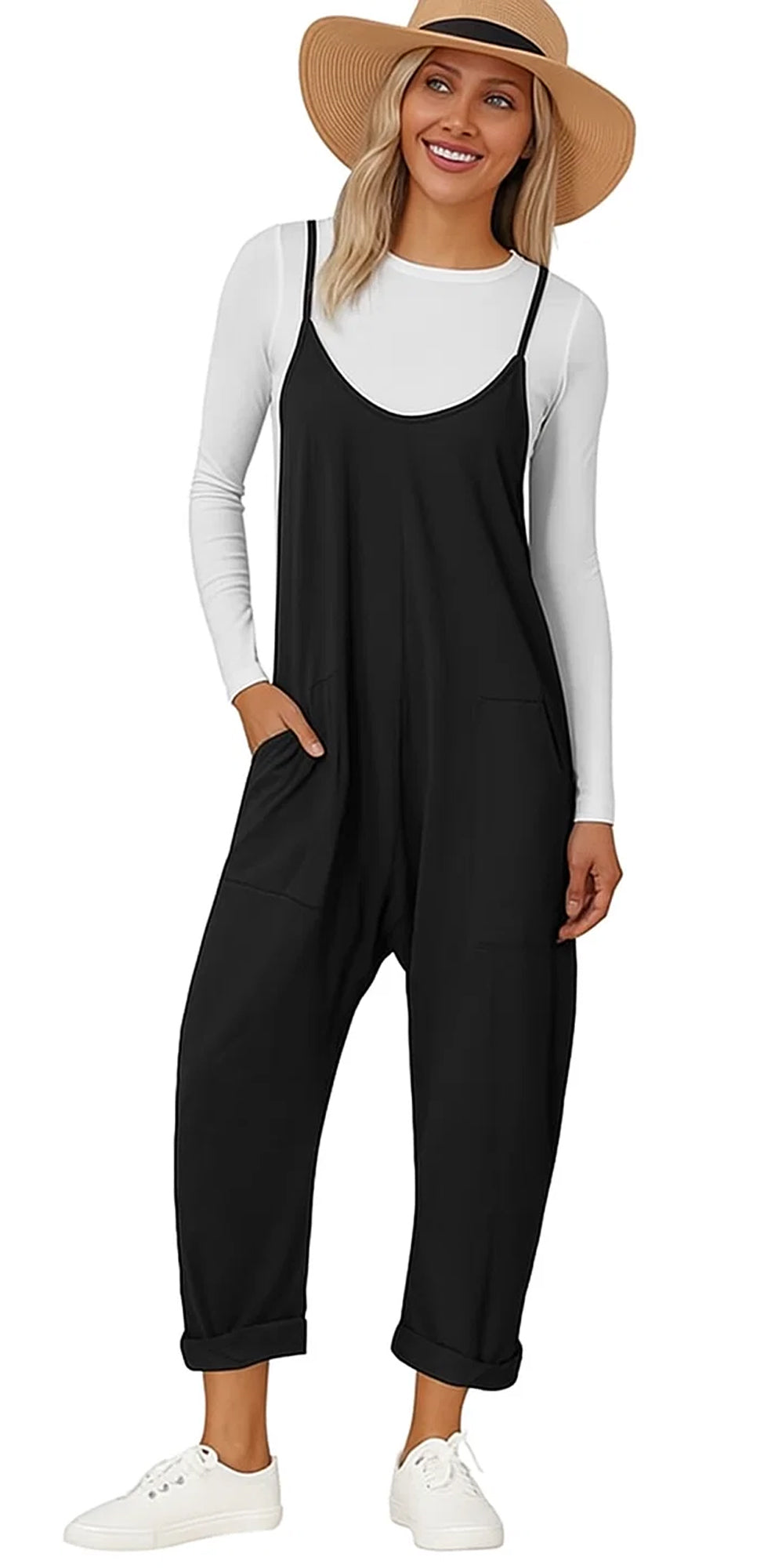 MLDRA Women’s Jumpsuits Spaghetti Strap Loose Fit Rompers with Pockets Sleeveless Overalls Onesie Jumpers for Vacation Beach Lounge Black Summer