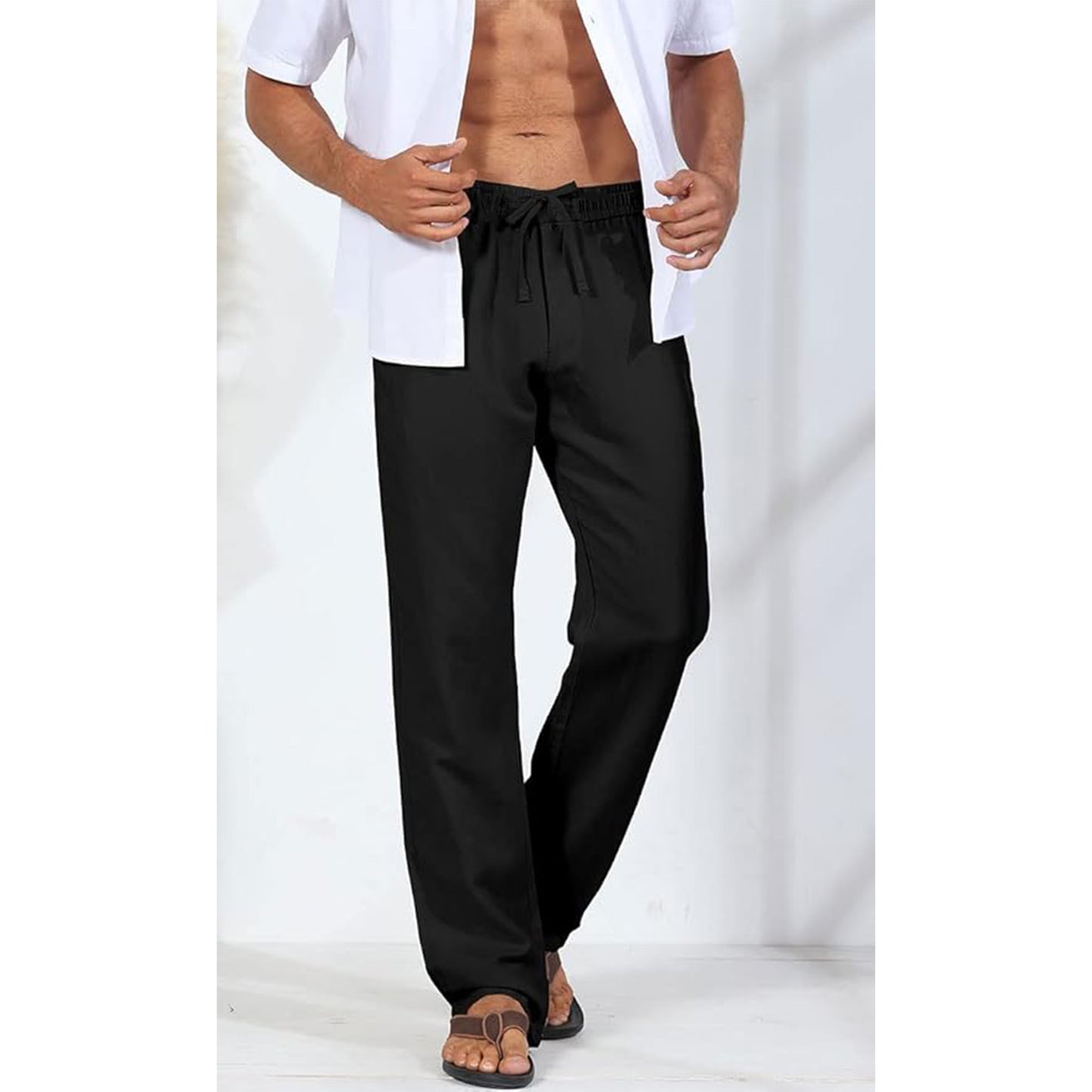 Men's Linen Pants Drawstring Slim Fit Elastic Waist Wide Leg Trousers Lightweight Beach Summer Pants
