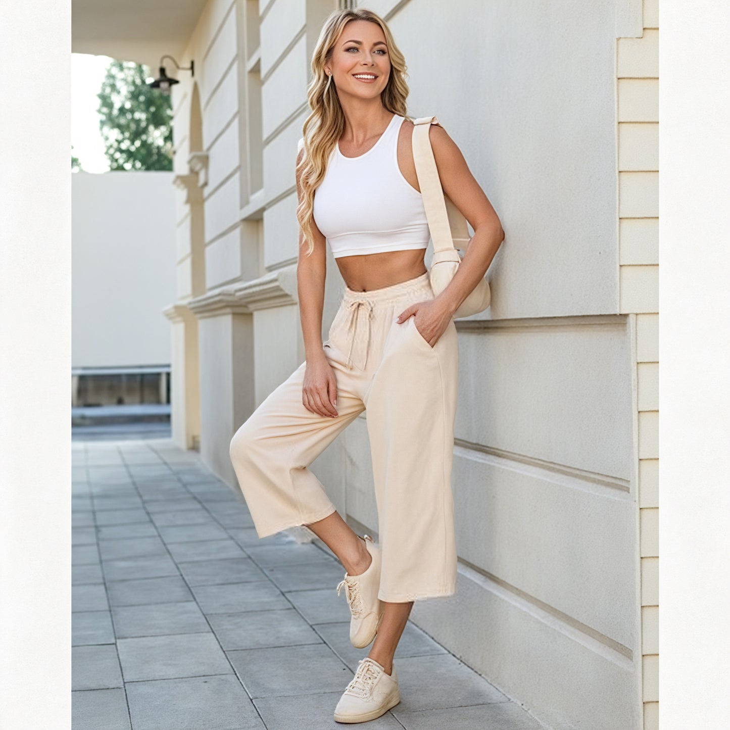 MLDRA Women’s Linen Capri Pants Cropped Wide Leg Palazzo Yoga Casual Pants Elastic Waist Loose Fit with Pockets Summer
