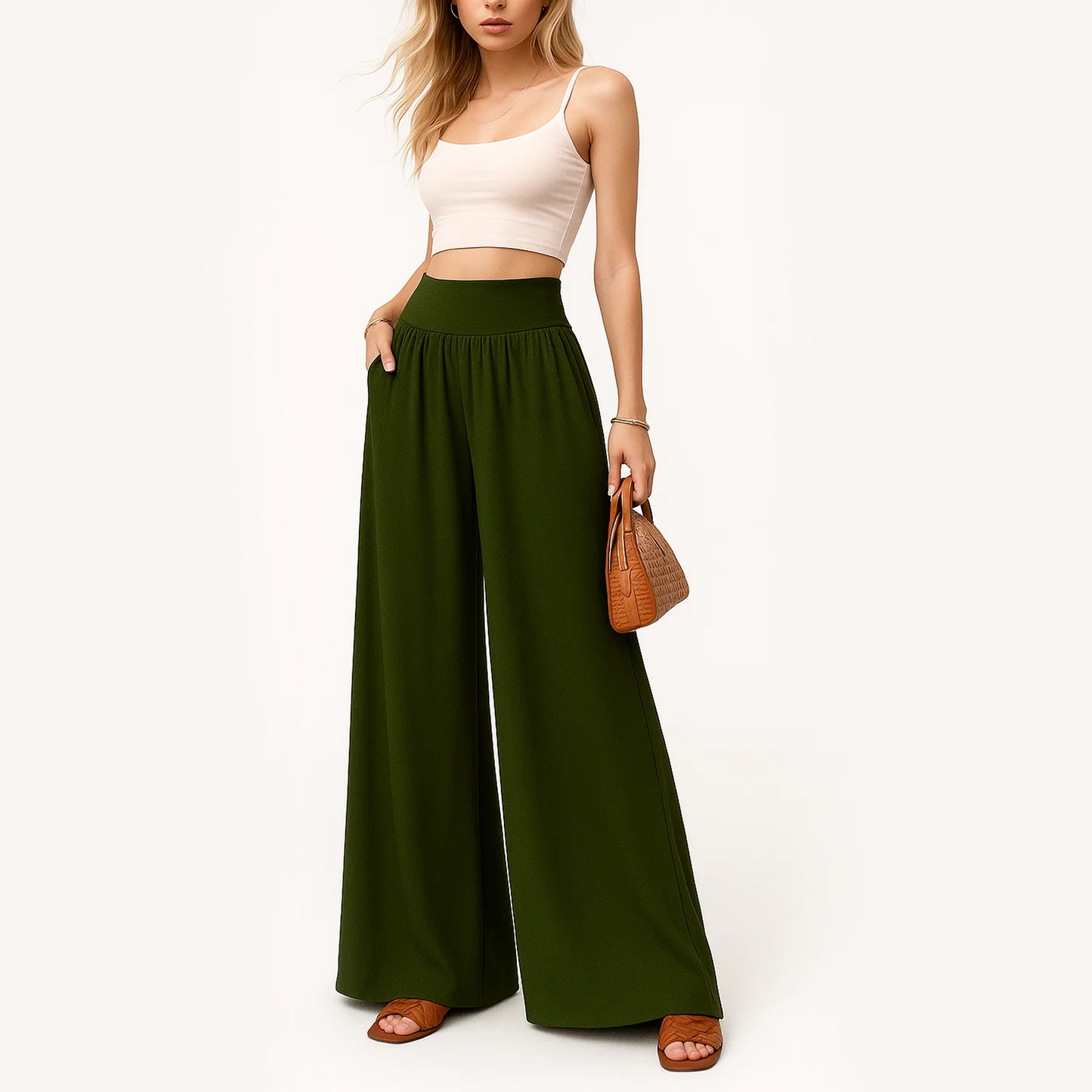 MLDRA Wide Leg Pants Women Flowy Dressy Cotton Casual Womens Pants Elastic High Waist Palazzo Pant for Women with Pockets