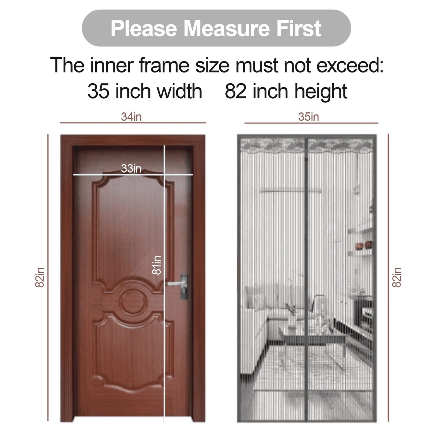 Magnetic Screen Door for Home, Auto-Close Heavy Duty Mesh Curtain, Bug Proof & Pet Friendly Design, Easy-Install Hands Free Entry, 35.4" x 82.7", Gray