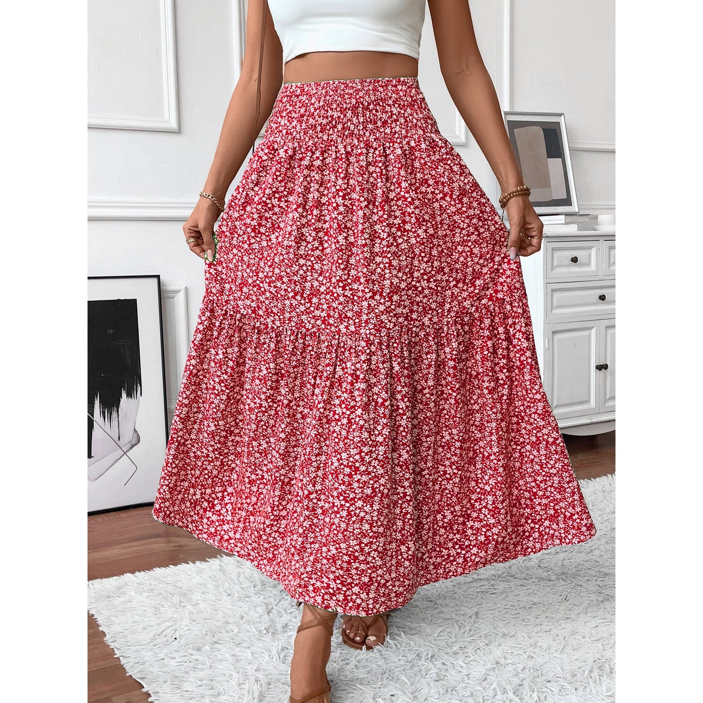 SOMER Skirts For Women Floral Smocked High Waist Midi Skirt A-Line Tiered Flowy Skirt For Summer Vacation Skirts