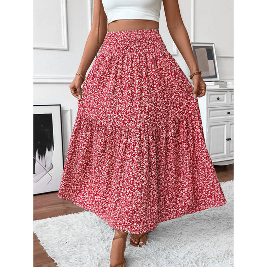 SOMER Skirts For Women Floral Smocked High Waist Midi Skirt A-Line Tiered Flowy Skirt For Summer Vacation Skirts