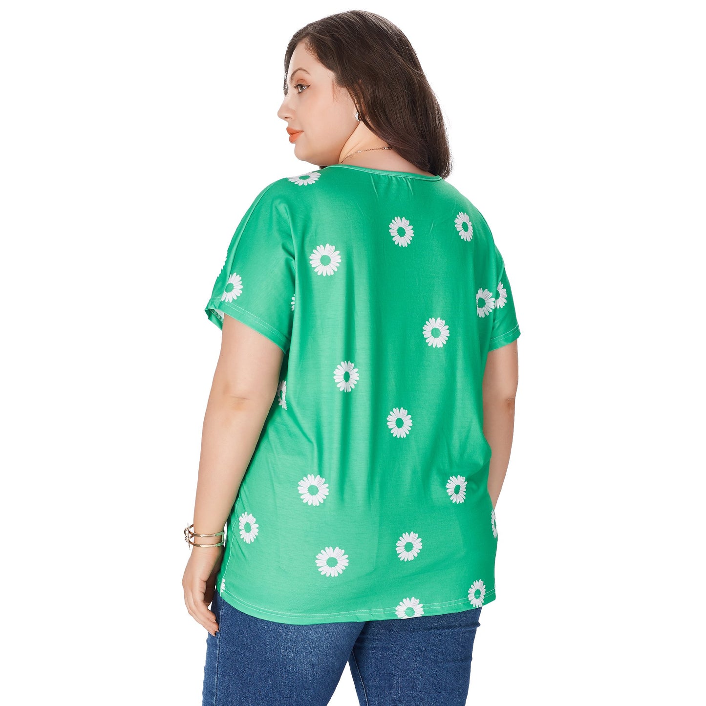 2025 Women's Plus Size Top Flower Printed V Neck Short Sleeve Casual Plus Size Tops for Women