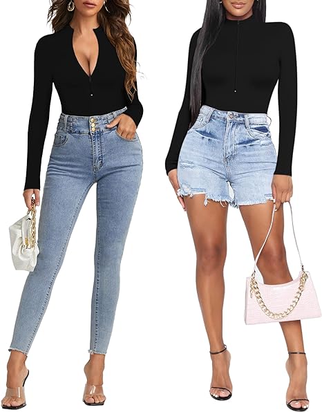 Body Suit Tummy Control Bodysuit Deep V Neck Zip Up Long Sleeve Tops Black Bodysuits for Women Black