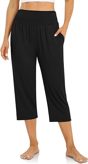 Women's Capri Pants Casual Loose Yoga Pants Comfy Workout Elastic Waist Pant with Pockets Summer Black