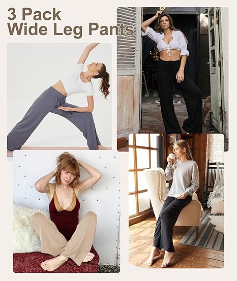 MLDRA 3 Pack Women's Wide Leg Pants with Pockets - Casual Loose Sweatpants Yoga Trouser Pants Sweat Palazzo Lounge Pajama Pants