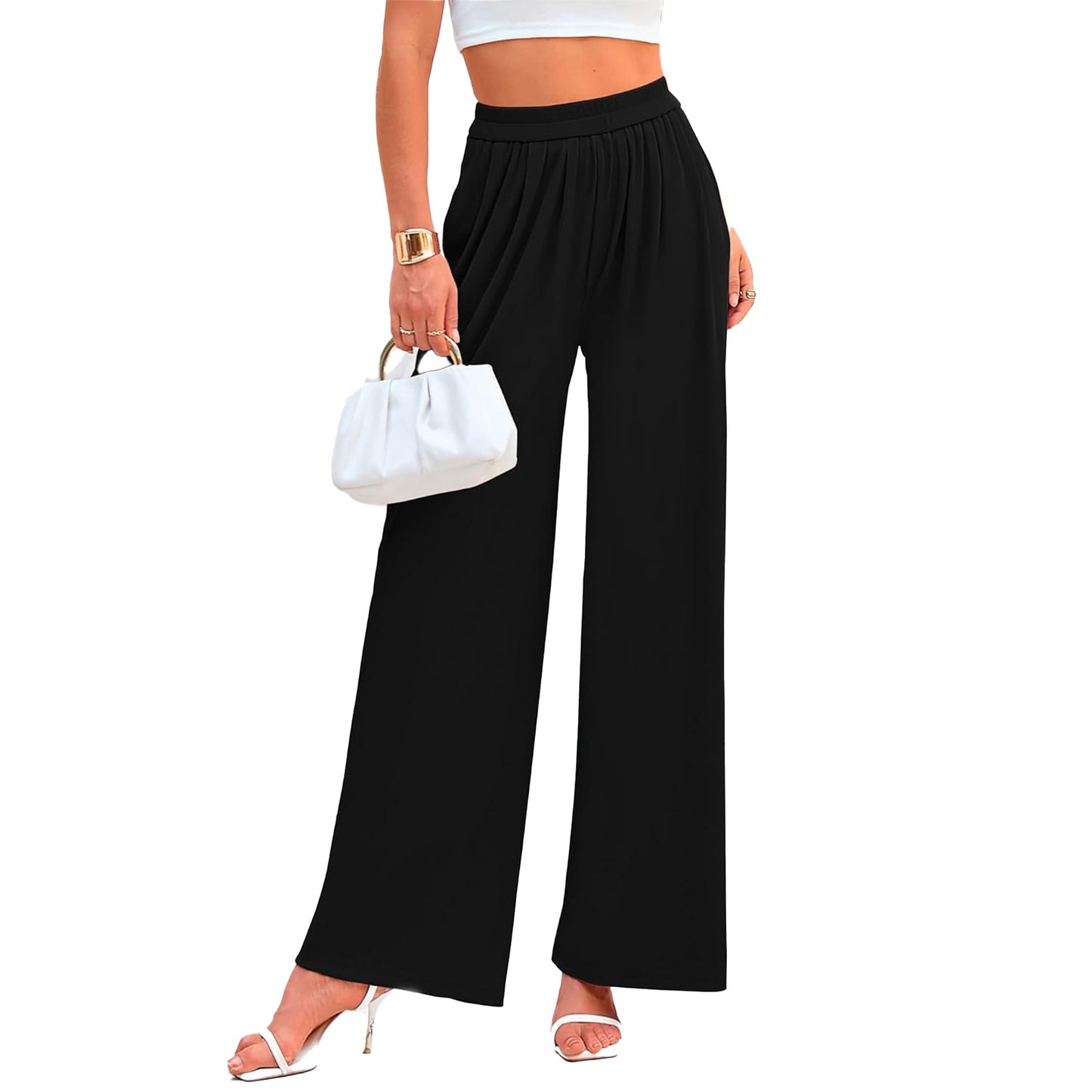 Women's Wide Leg Pants Flowy Dressy Casual Elastic Waist Loose Palazzo Trousers with Pockets
