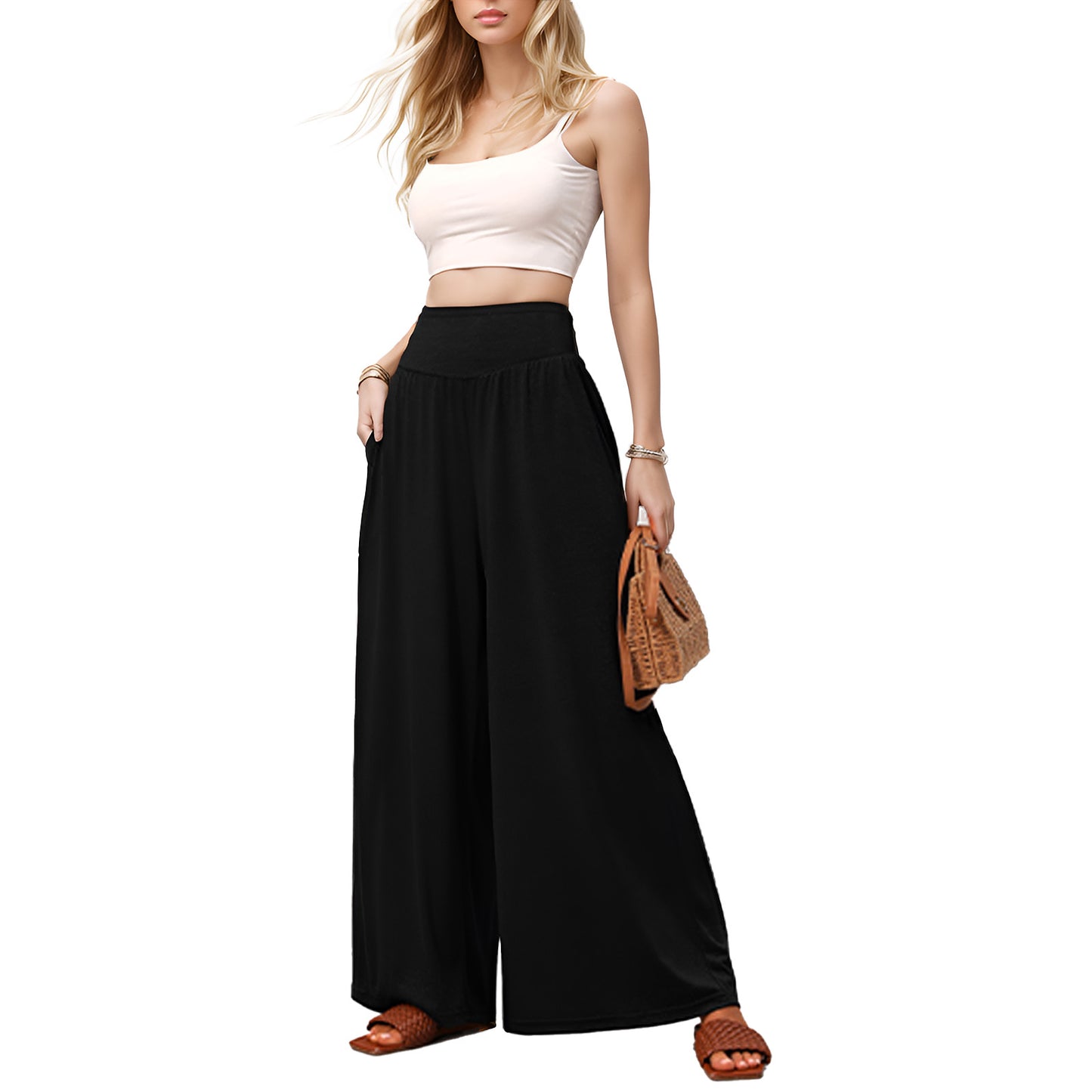 Pants for Women Wide Leg Flowy Dressy Casual Pants Elastic High Waist Palazzo Pant with Pockets