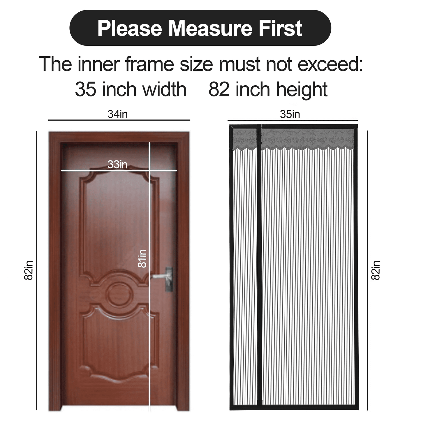 Magnetic Screen Door for Home, Auto-Close Heavy Duty Mesh Curtain, Bug Proof & Pet Friendly Design, Easy-Install Hands Free Entry, 35.4" x 82.7", Black