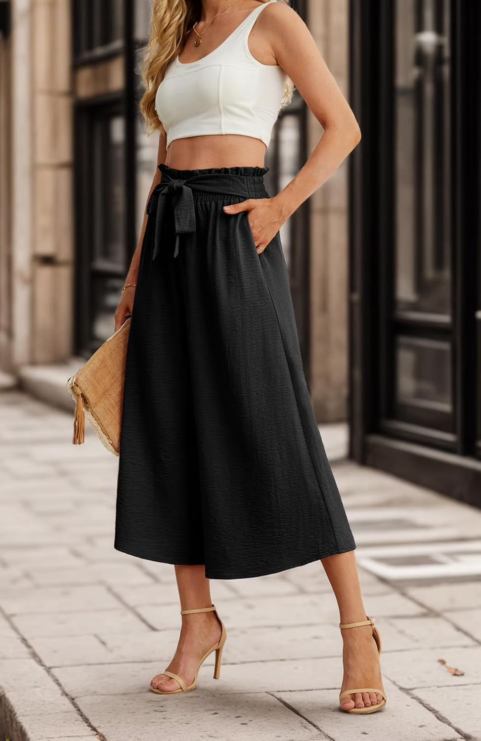 MLDRA Women’s Capri Wide Leg Pants High Waisted Drawstring Casual Loose Fit Summer Pants with Pockets Black