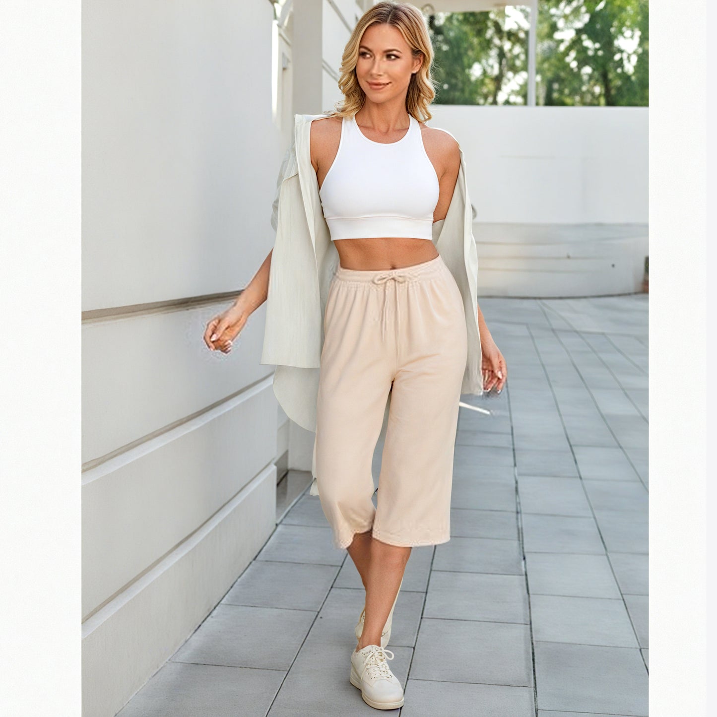 MLDRA Women’s Linen Capri Pants Cropped Wide Leg Palazzo Yoga Casual Pants Elastic Waist Loose Fit with Pockets Summer
