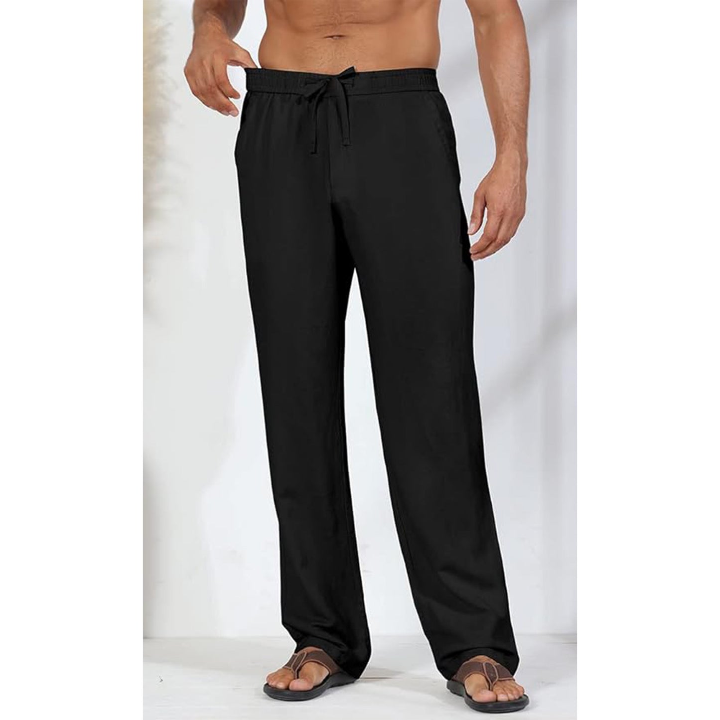 Men's Linen Pants Drawstring Slim Fit Elastic Waist Wide Leg Trousers Lightweight Beach Summer Pants