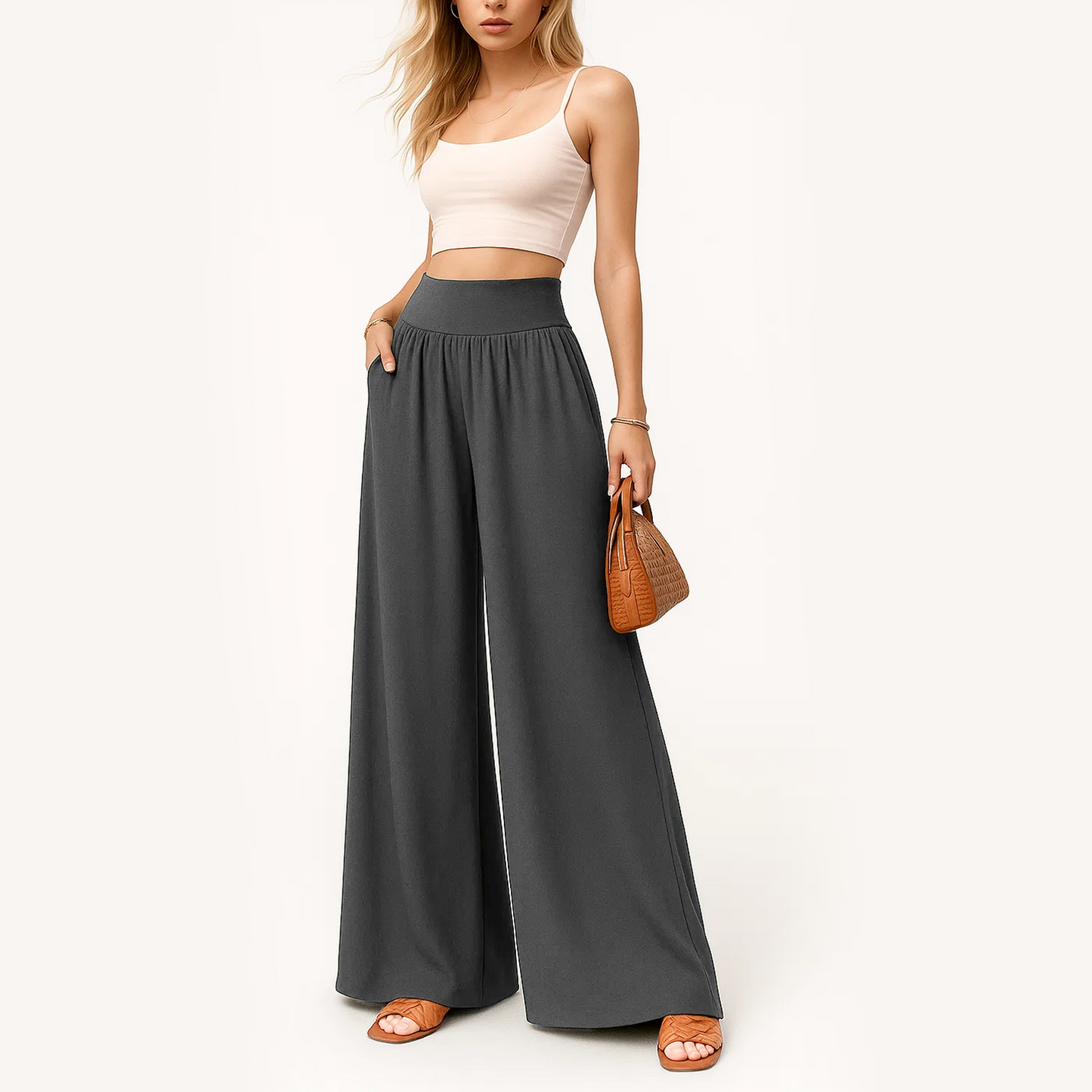 MLDRA Wide Leg Pants Women Flowy Dressy Cotton Casual Womens Pants Elastic High Waist Palazzo Pant for Women with Pockets