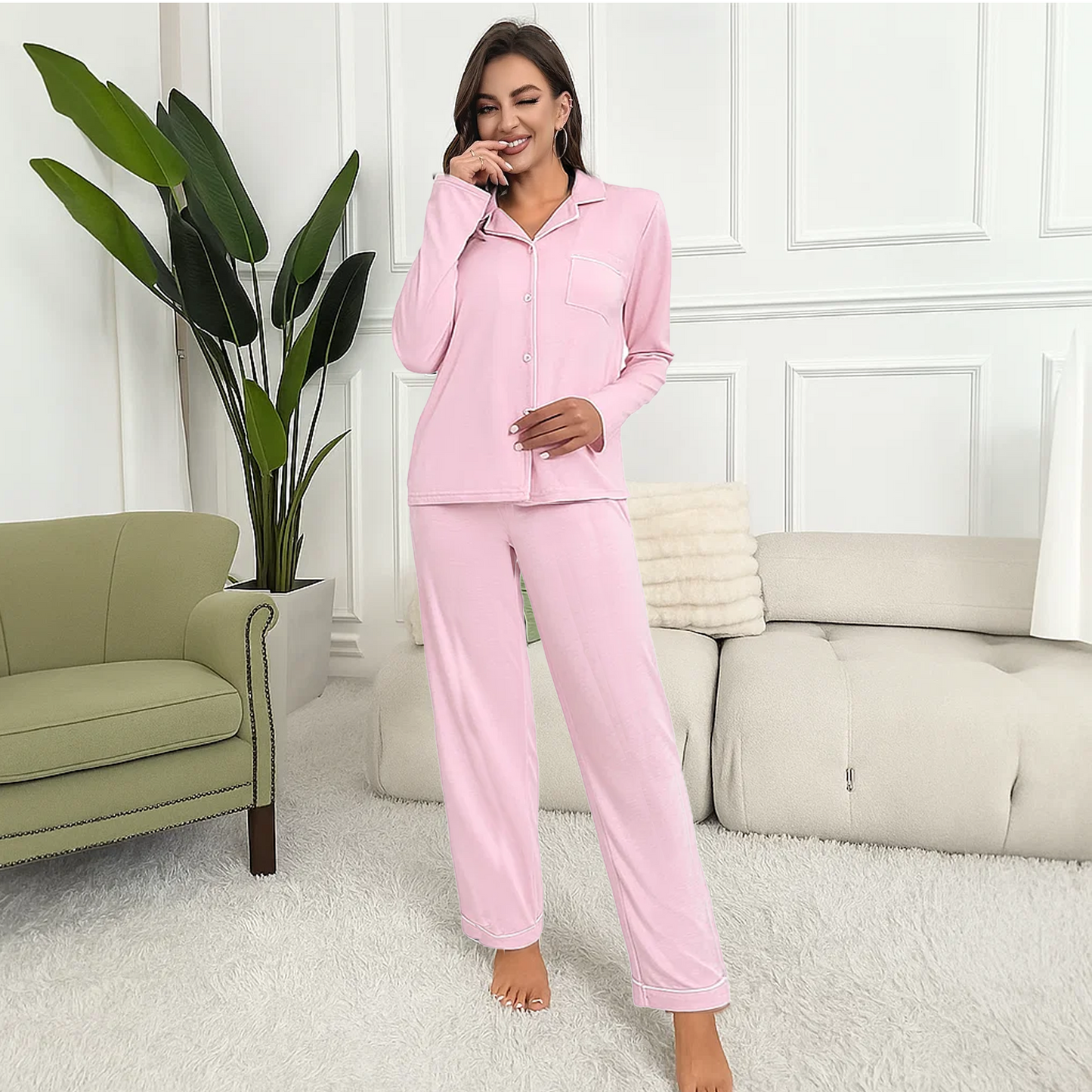 MLDRA Pajama for Women Sets PJs Button Up Long Sleeve with Lounge Pants Lightweight Soft Cute Women Pajama 2 Piece Set,2025 Fall