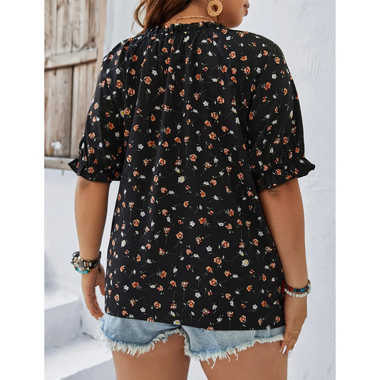 2025 Women's Plus Size Top Flower Printed V Neck Short Sleeve Casual Plus Size Tops for Women