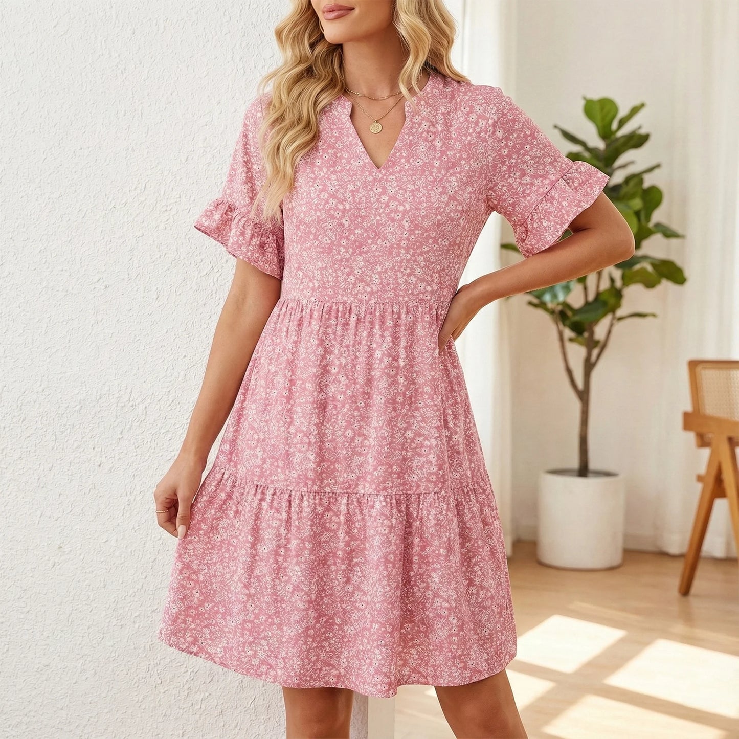 MLDRA Dresses for Women V Neck Boho Summer Dresses with Pockets A Line Mini Beach Ruffle Sleeve Tiered Flowy Loose Casual 2026 XXL