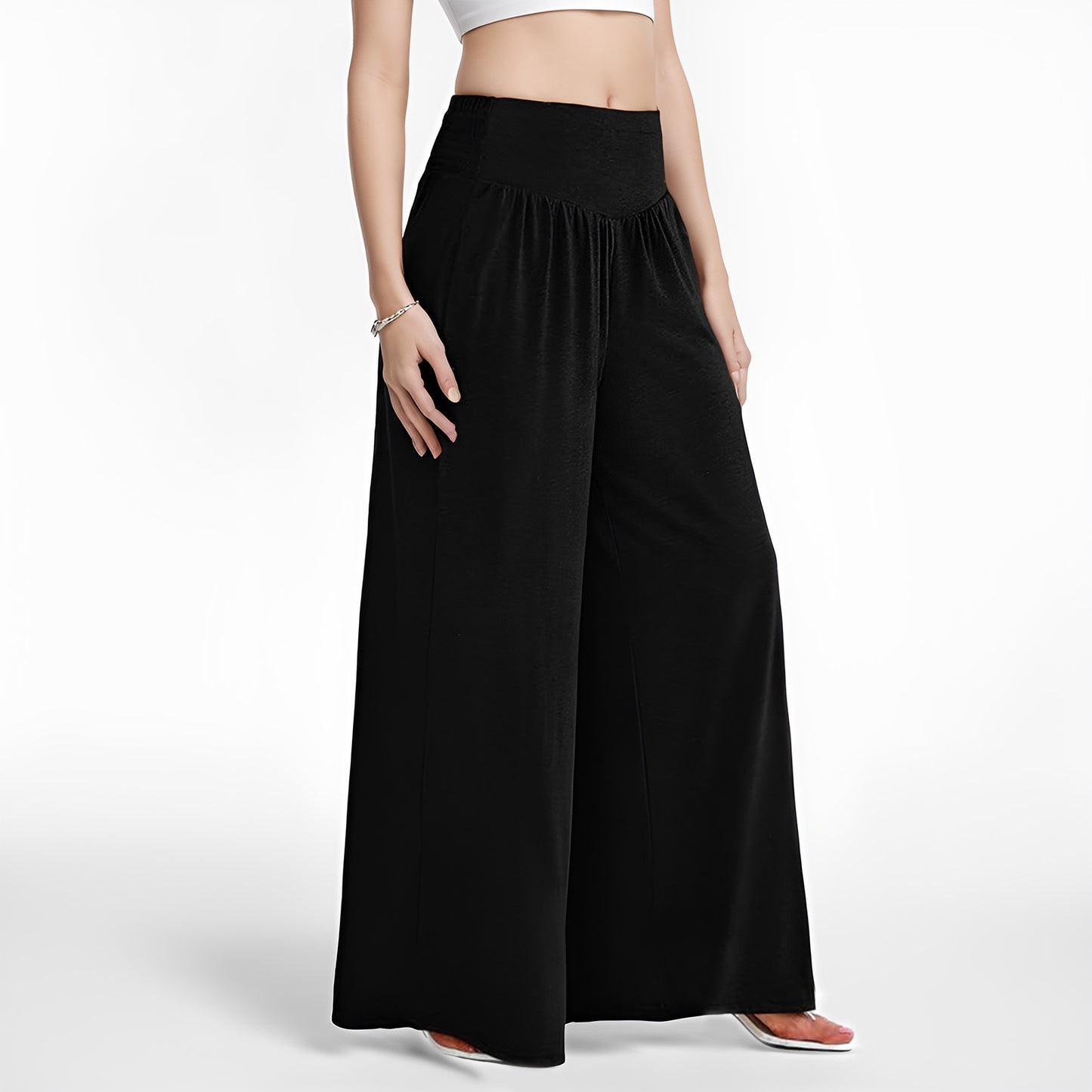 Pants for Women Wide Leg Flowy Dressy Casual Pants Elastic High Waist Palazzo Pant with Pockets