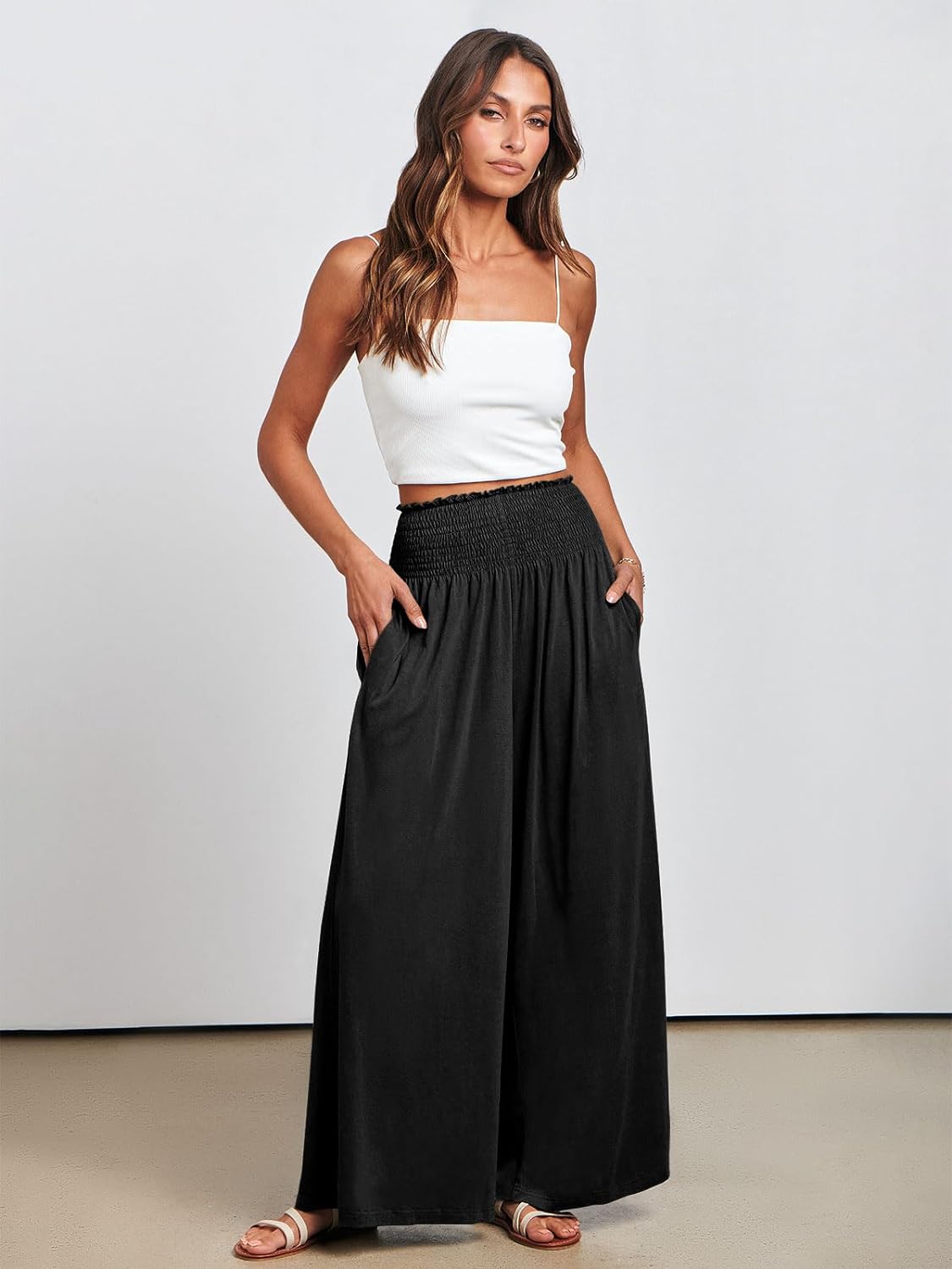 Womens Pleated Flowy Wide Leg Pants Smocked Elastic Waist Casual Loose Palazzo Trousers with Pockets