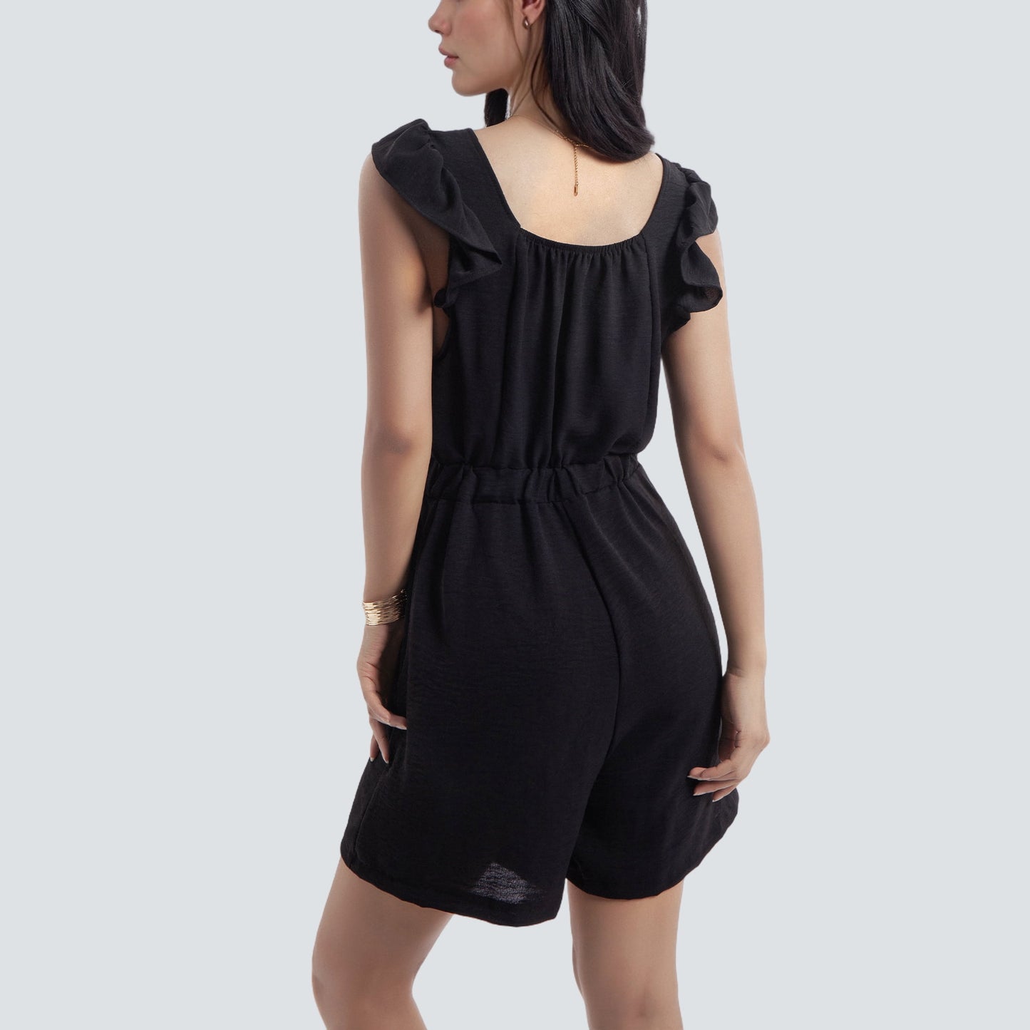 MLDRA Rompers Short overalls for Women Ruffle Sleeves Square Neck Jumpsuits Drawstring with Pockets 2026 Summer Black