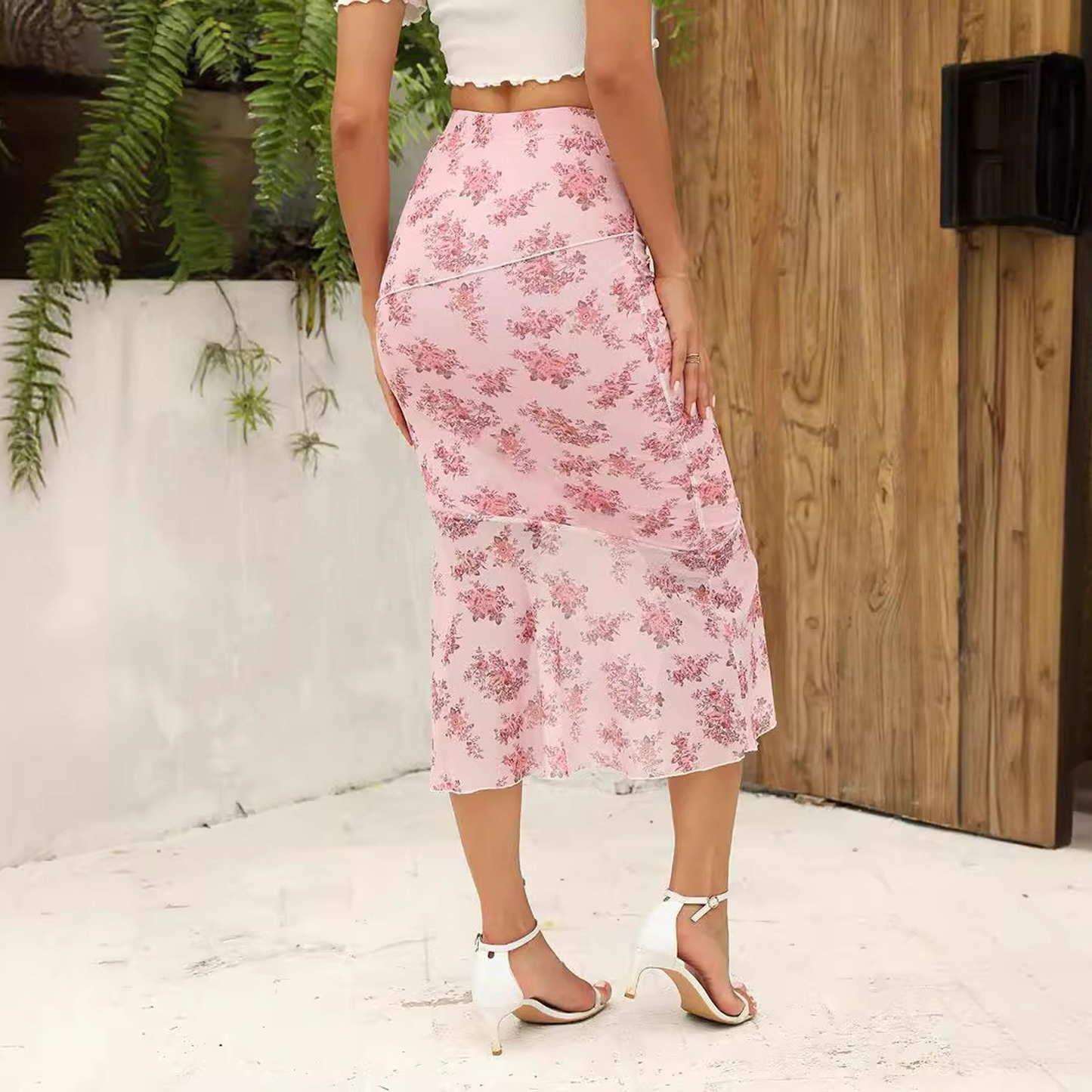 MLDRA Skirts For Women High Waist Floral Print Mermaid Skirt Vintage Ruffle Hem Midi Skirts