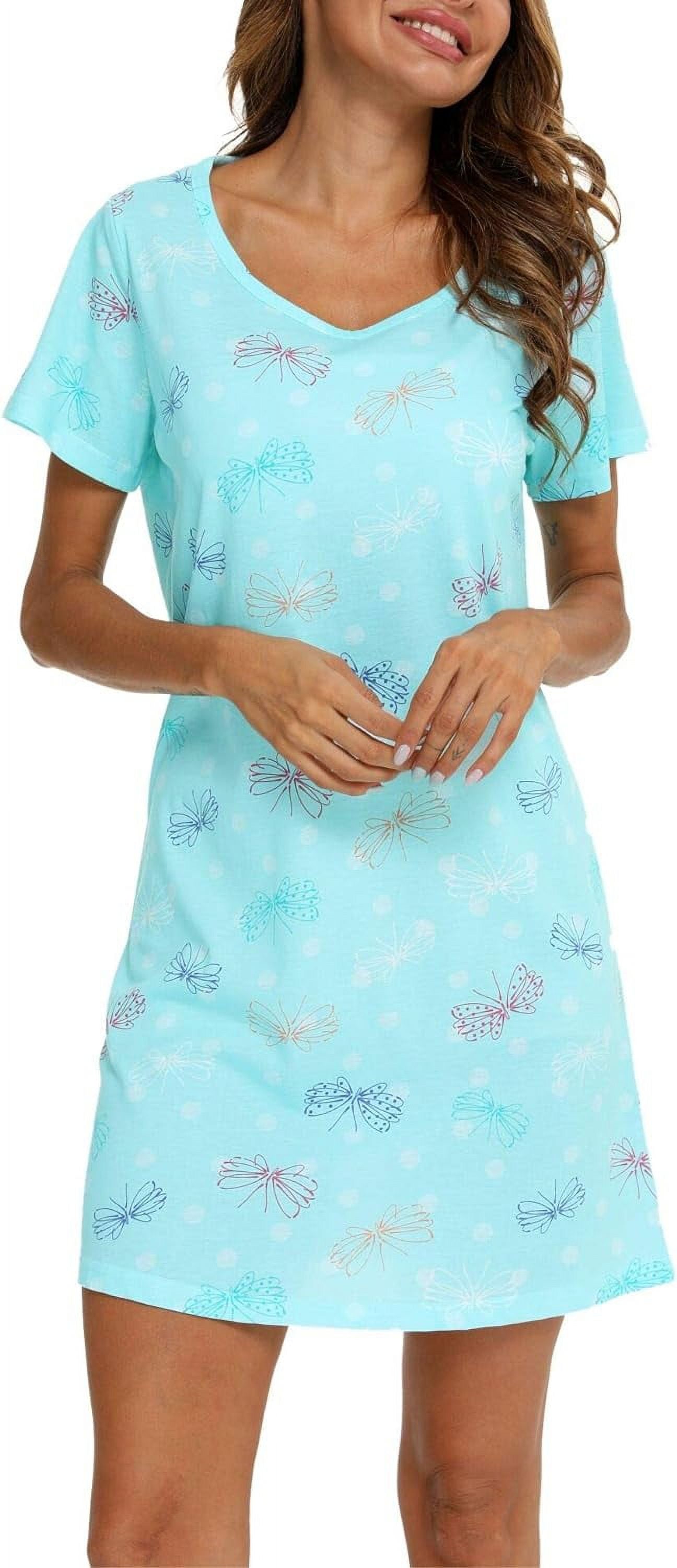 Womens Nightgowns Cotton Soft Sleepwear Sleep Shirt Pajama Dress Short Sleeve Nightshirt Print Sleepshirt