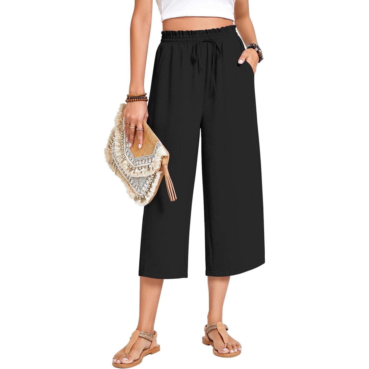 Womens Capri Pants Loose High Waisted Wide Leg Lounge Pant Drawstring Causal Palazzo Pants Trousers with Pockets Summer Black