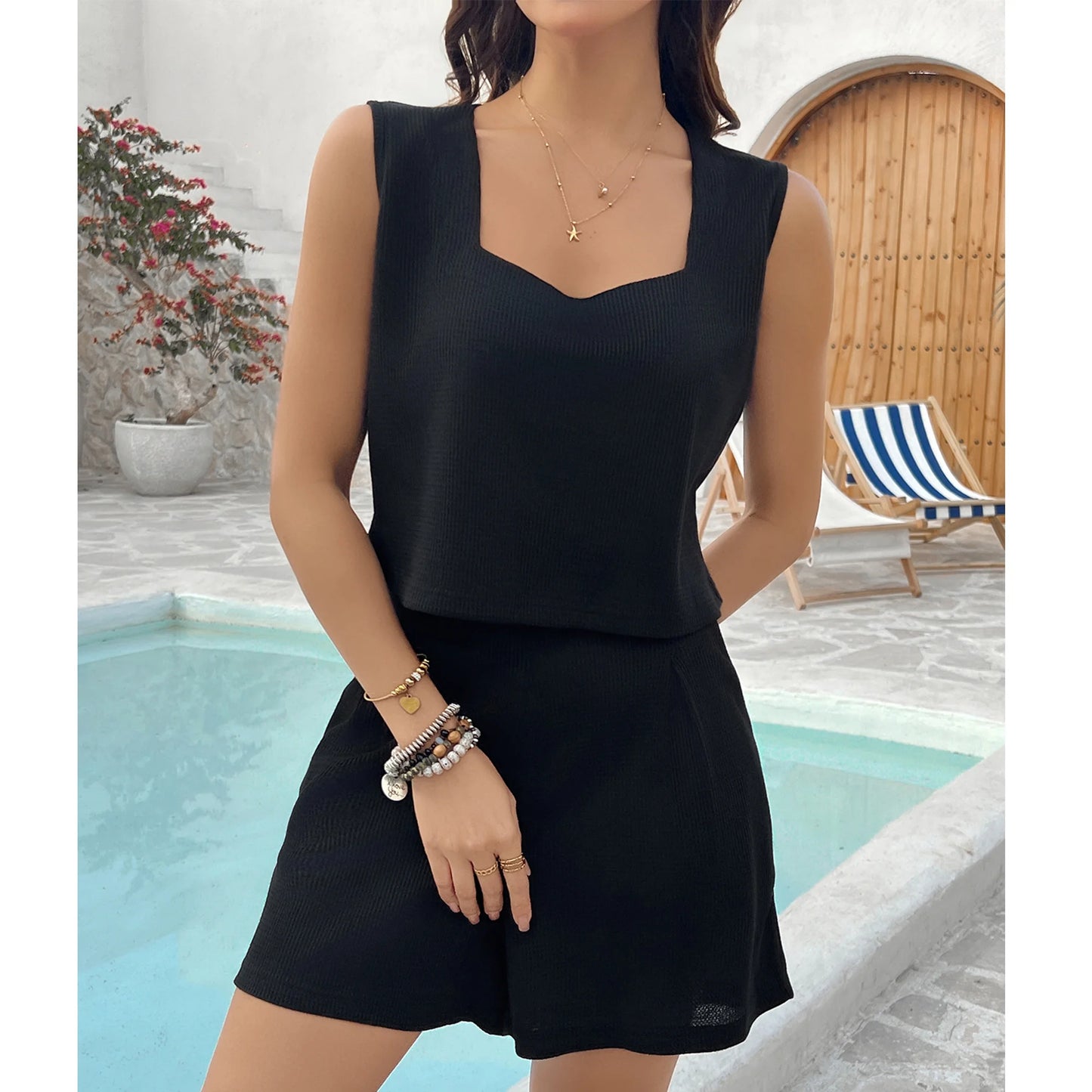 Women's Lounge Set 2-Piece Shorts Outfit Square Collar Vest Top Shirts High-Waisted Shorts with Pockets Loungewear Summer Black