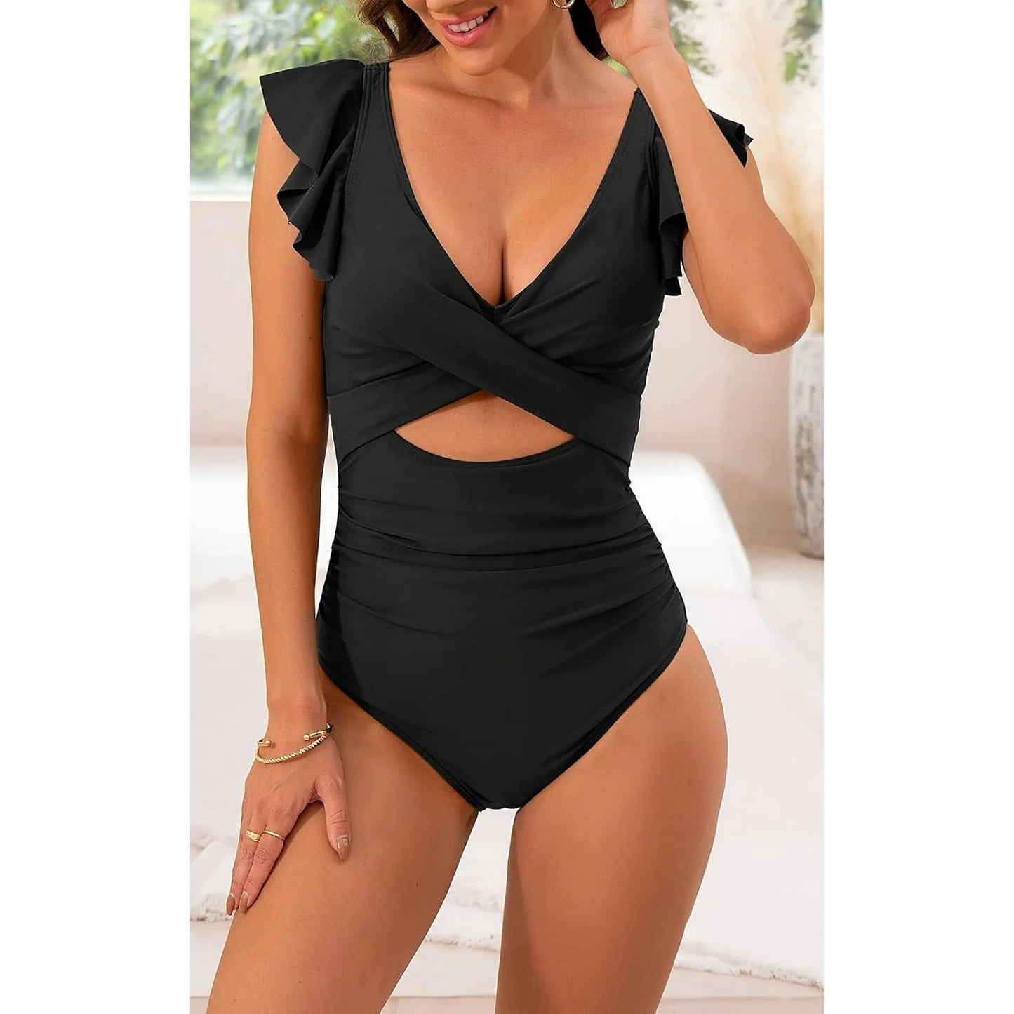 Women's One Piece Swimsuit Ruffle Cutout Bathing Suits Slimming Tummy Control V Neck Wrap Swimwear Black