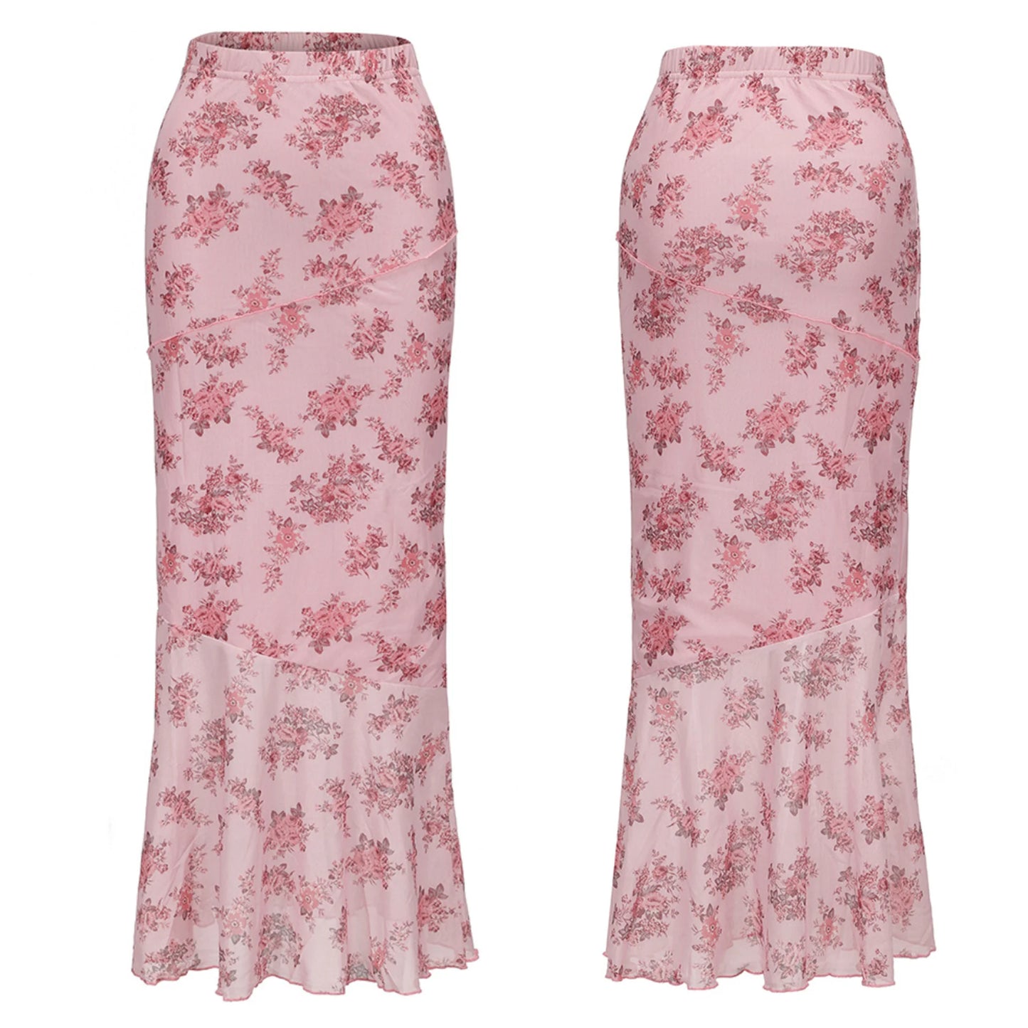 MLDRA Skirts For Women High Waist Floral Print Mermaid Skirt Vintage Ruffle Hem Midi Skirts