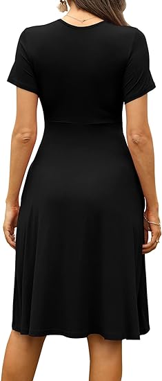 Women's Sundresses Short Sleeve Casual Dresses V-Neck Party Dress with Pockets Summer Black