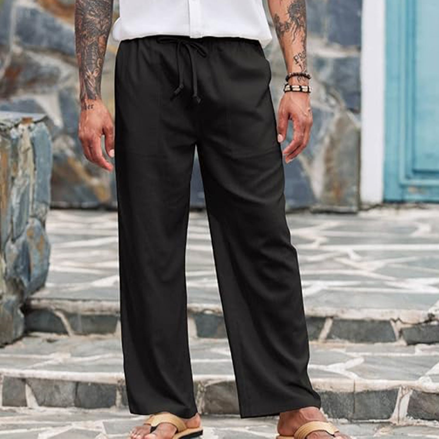 Men's Linen Pants Drawstring Slim Fit Elastic Waist Wide Leg Trousers Lightweight Beach Summer Pants