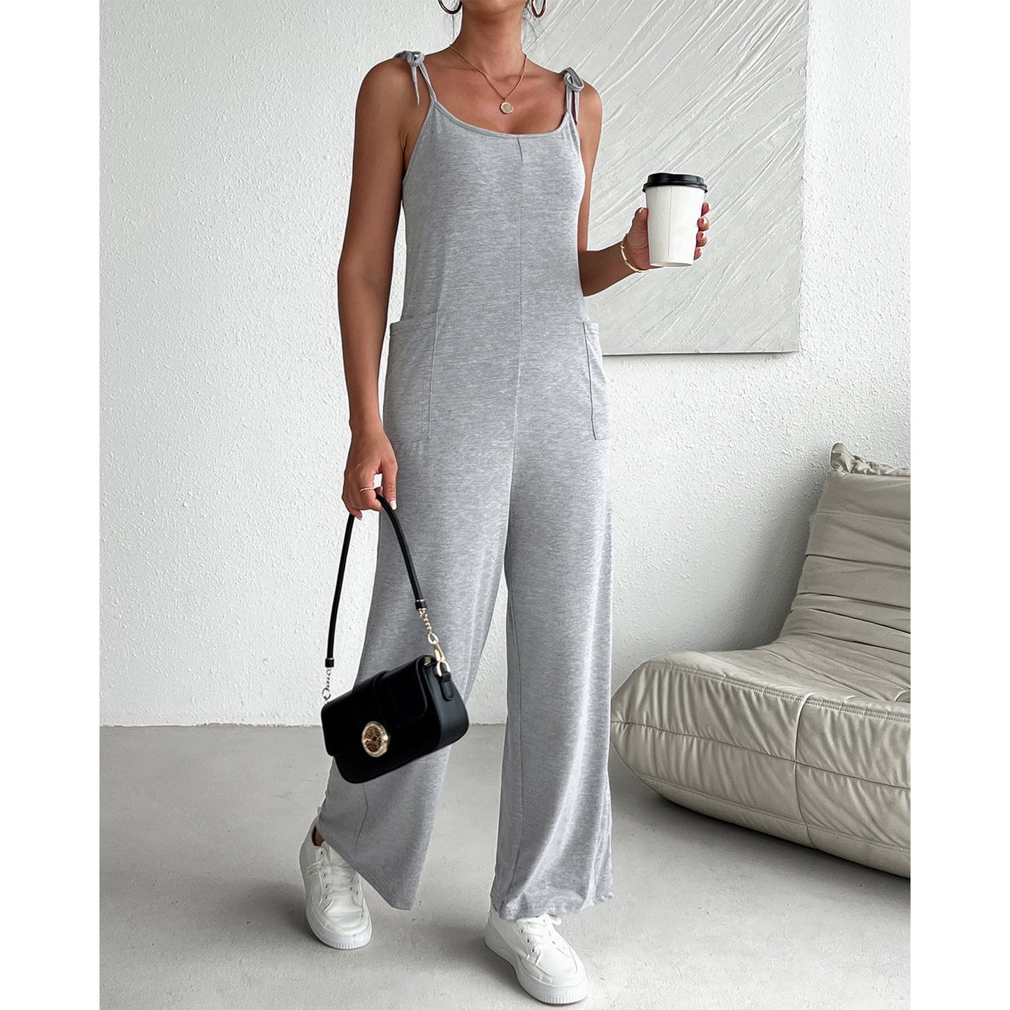 MLDRA Women's Sleeveless Jumpsuits Loose Casual Overalls Rompers Adjustable Spaghetti Straps Long Pants with Pockets
