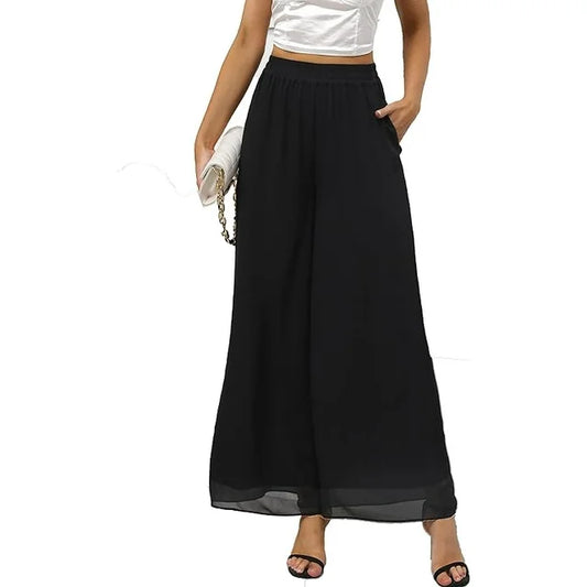 Womens Chiffon Dress Pants Palazzo Wide Leg Beach Trouser Elastic Waist Culottes with Pocket