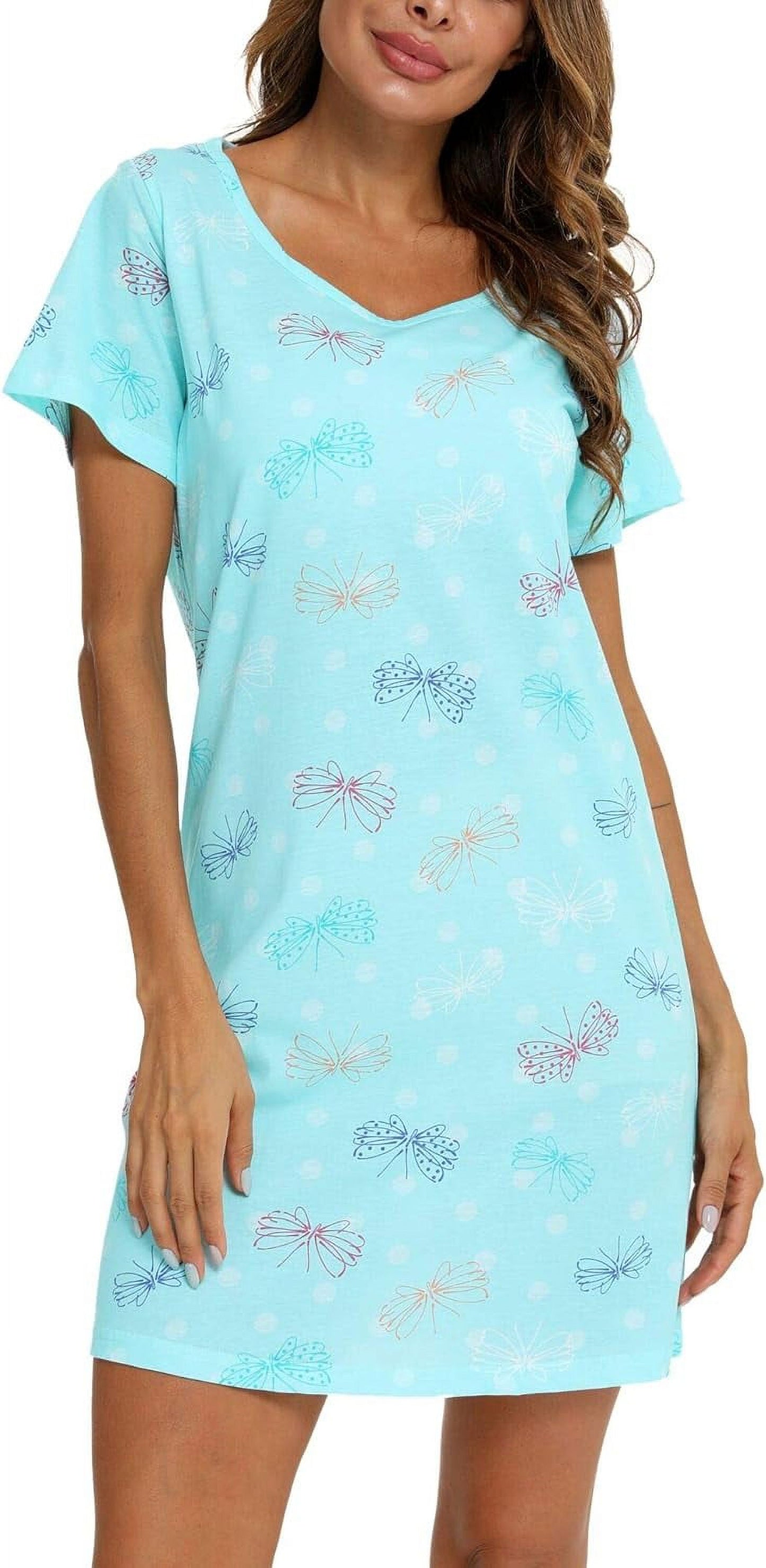 Womens Nightgowns Cotton Soft Sleepwear Sleep Shirt Pajama Dress Short Sleeve Nightshirt Print Sleepshirt