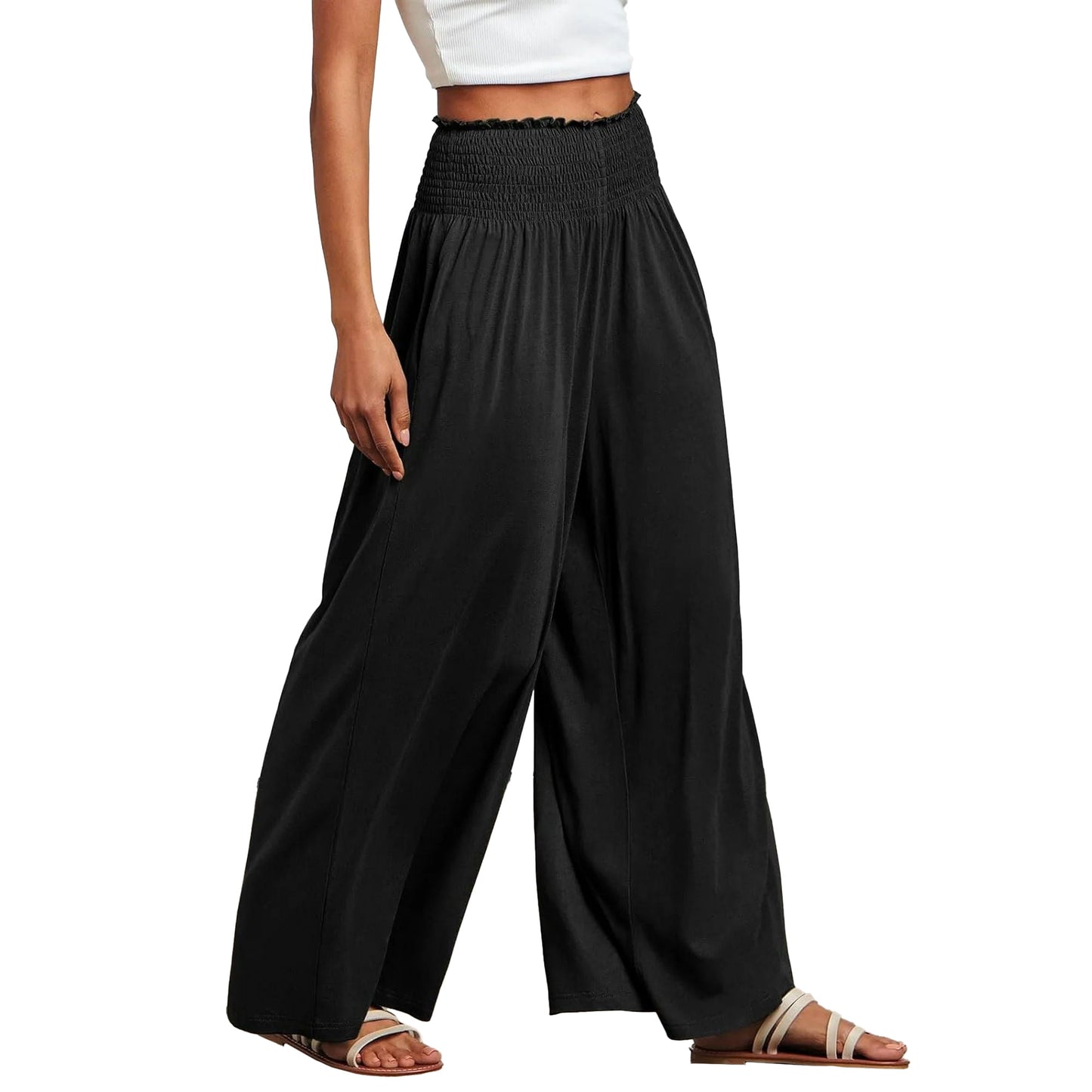 Womens Pleated Flowy Wide Leg Pants Smocked Elastic Waist Casual Loose Palazzo Trousers with Pockets