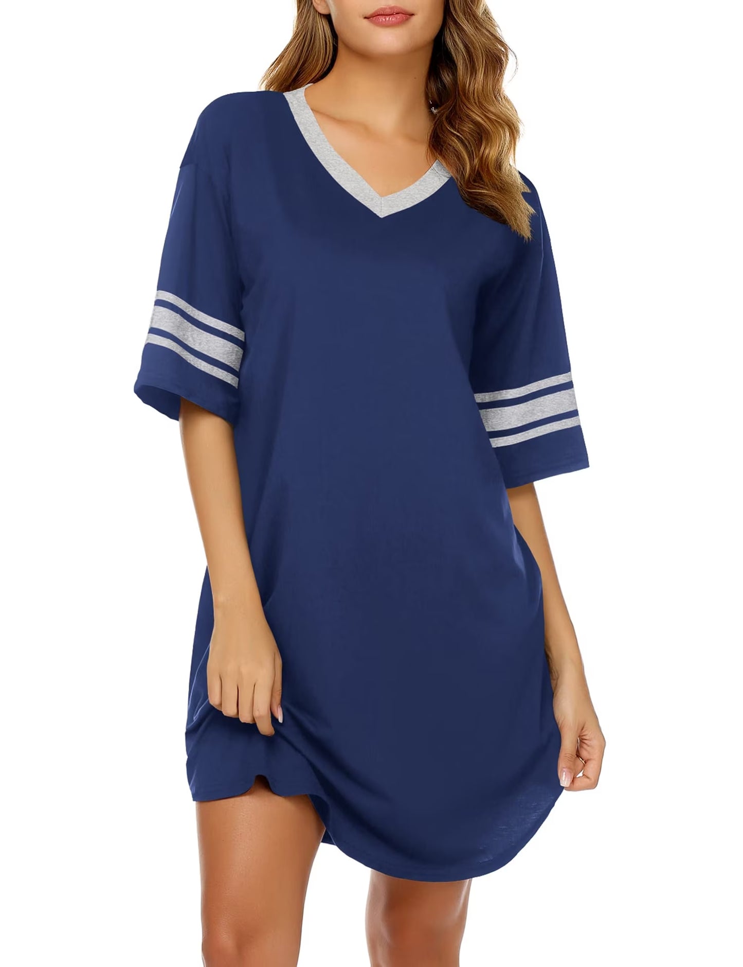 MLDRA Nightgown for Women Short Sleeve Sleepwear Casual Cotton Sleep Shirt Soft V Neck Lounge Sleep Shirts Color Block