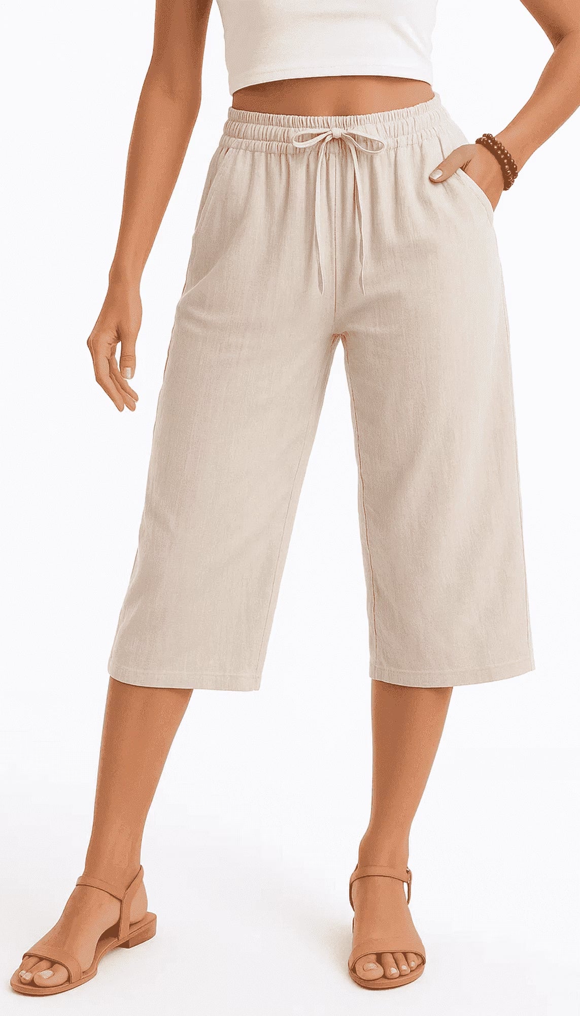 MLDRA Womens Capri Pants Linen Cropped Pants with Pockets Loose Fit Wide Leg Yoga Casual Elastic Waist Ladies Trousers Blue