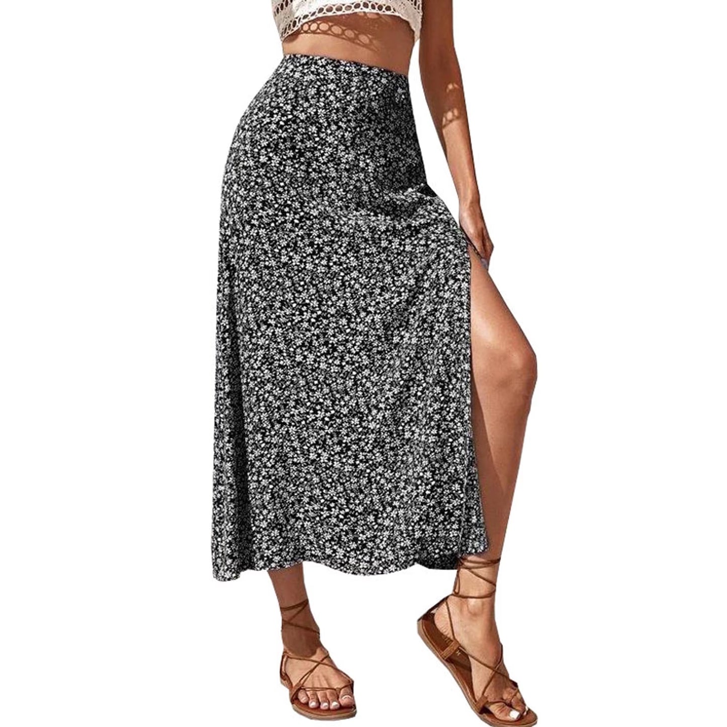 MLDRA Skirts for Women Elastic High Waist Maxi Skirt with Pockets Trendy Tie Knot Dressy Casual A-line Long Flowy Pleated Skirts