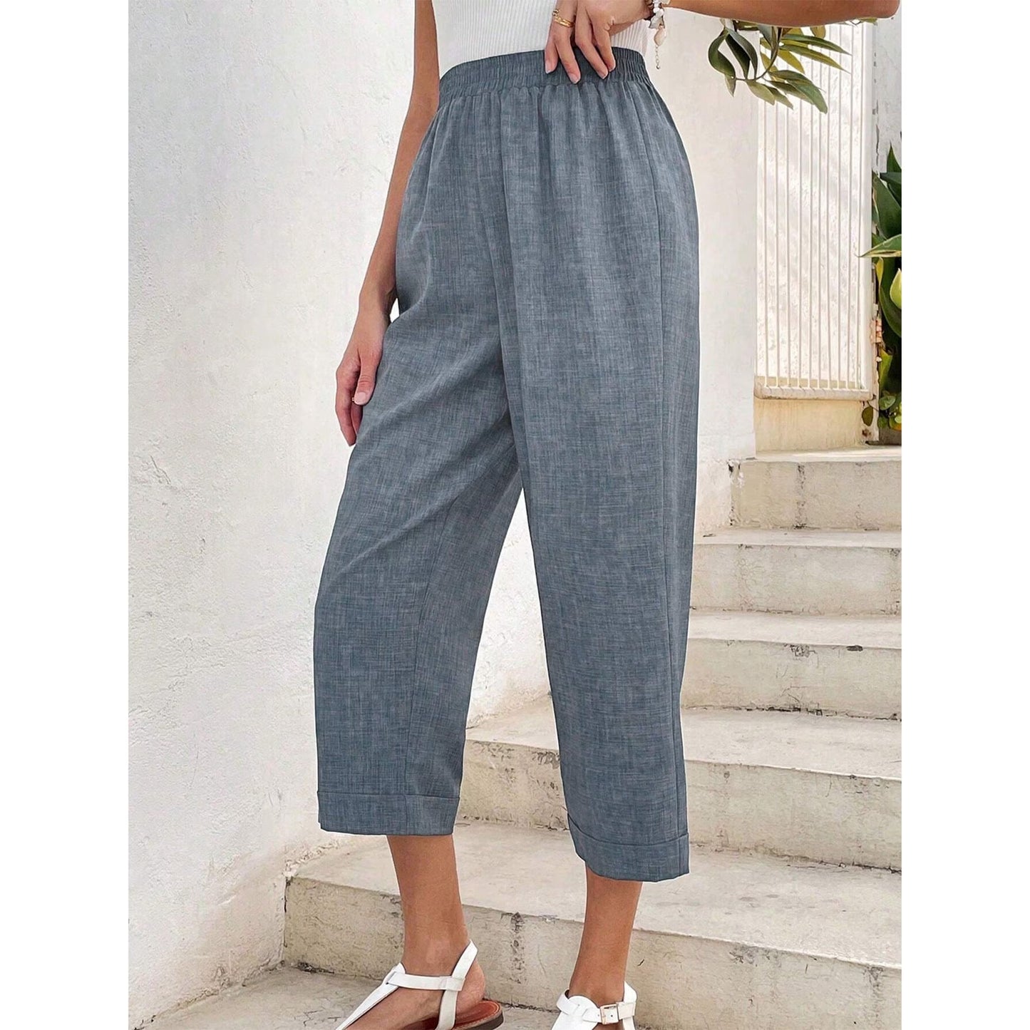 MLDRA Womens Capri Pants Linen Cropped Pants with Pockets Loose Fit Wide Leg Yoga Casual Elastic Waist Ladies Trousers Blue