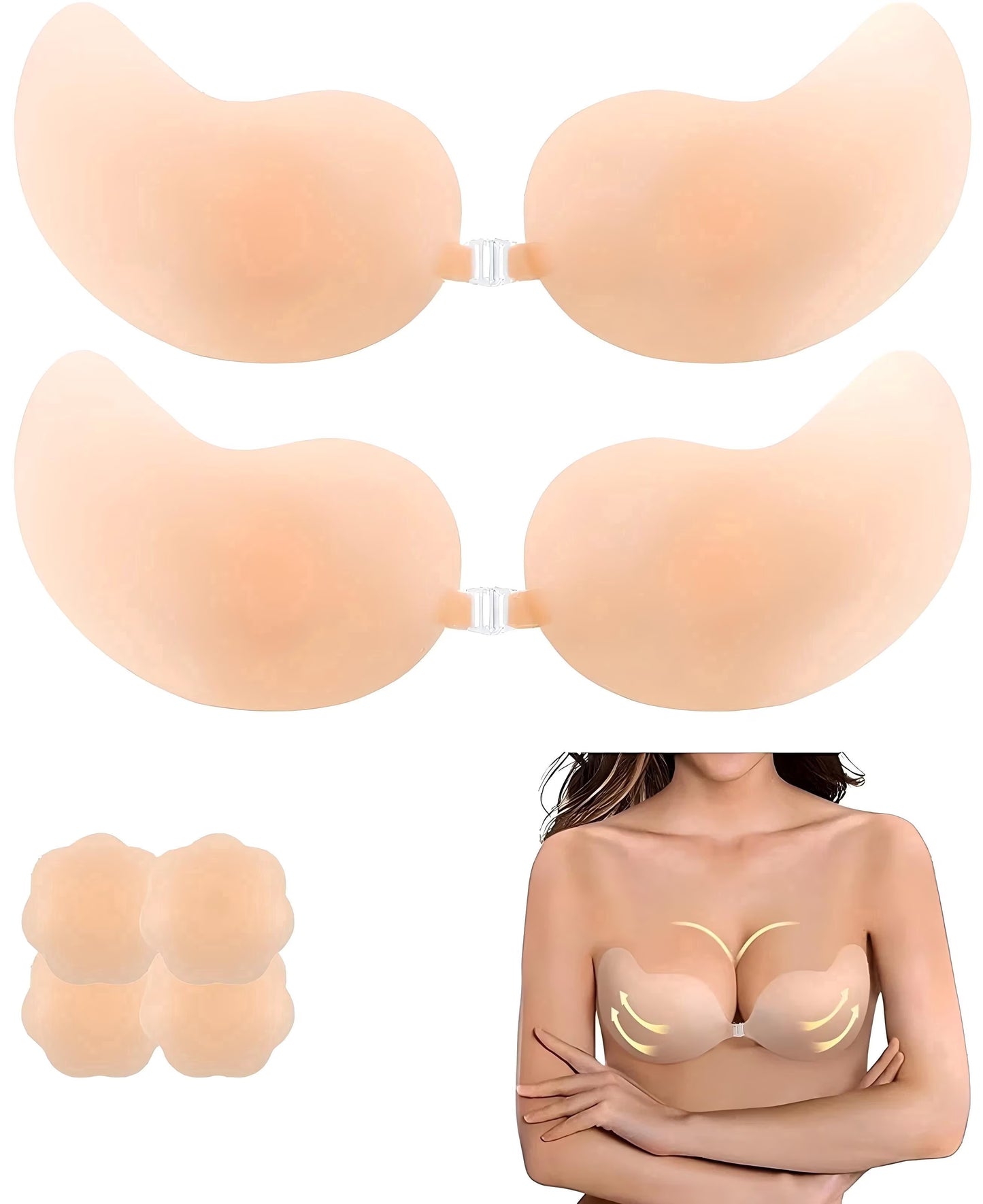 MLDRA 2 Pairs Sticky Bra Push Up Backless Bra Ultra Thin Adhesive Bra with Nipple Covers, Reusable Strapless Bras for Women, Invisible Silicone Bra