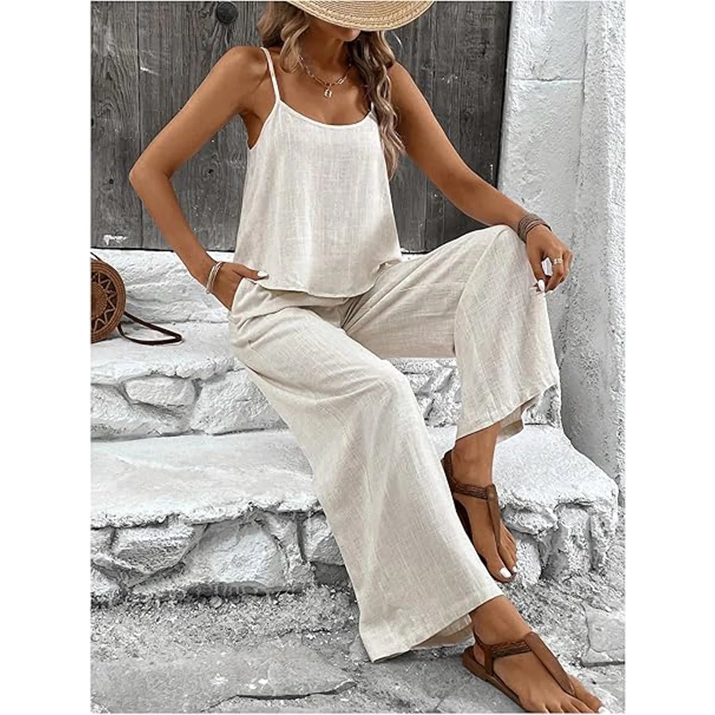 MLDRA Women's Capri Lounge Sets 2-Piece Beach Summer Vacation Travel Going Out Outfit Sleeveless Crop Tank Top Wide-Leg Dressy Palazzo Crop Pants Suit Black